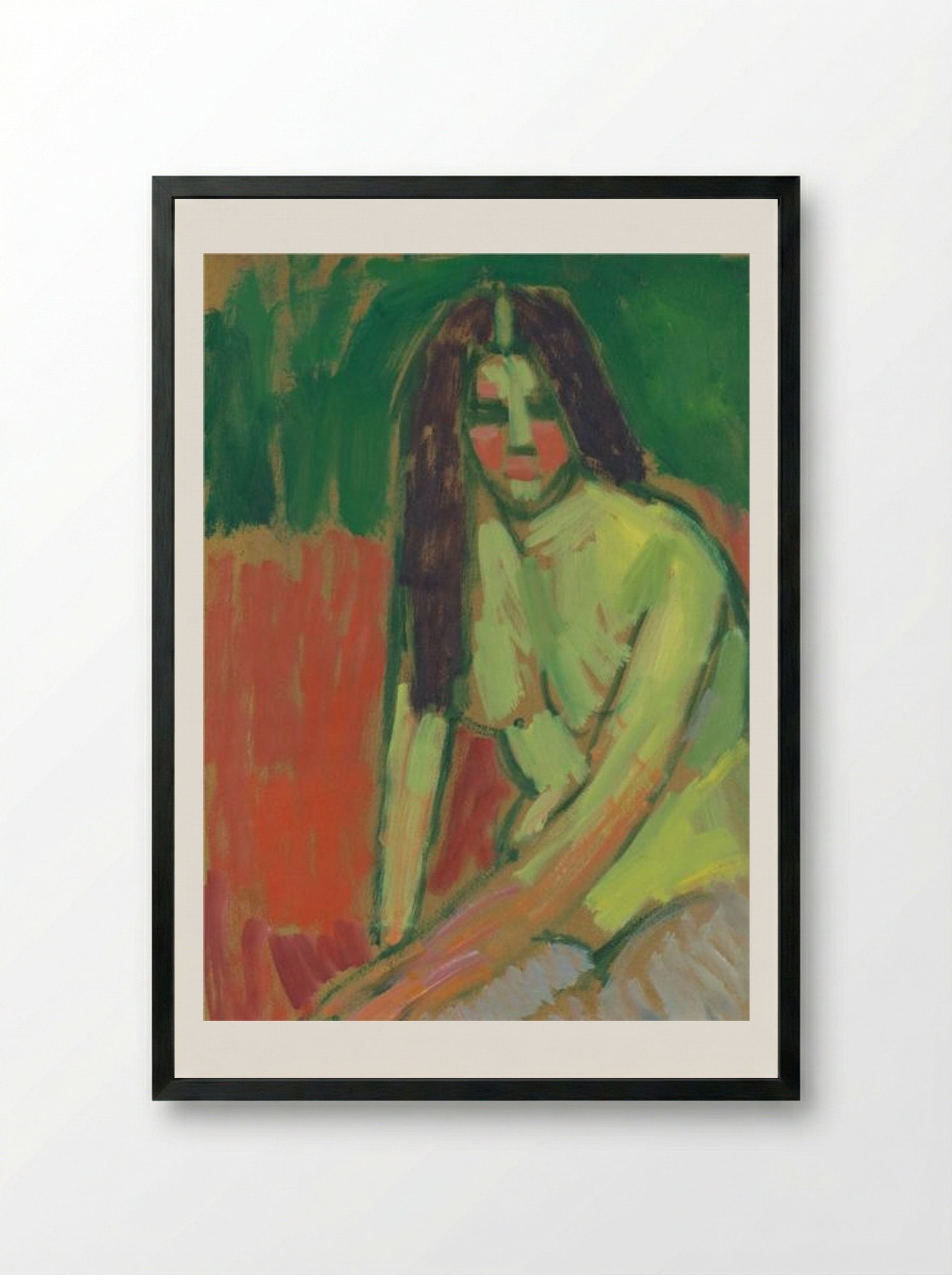 Half-nude figure with long hair sitting bent - Alexej von Jawlensky - Framed Print Black