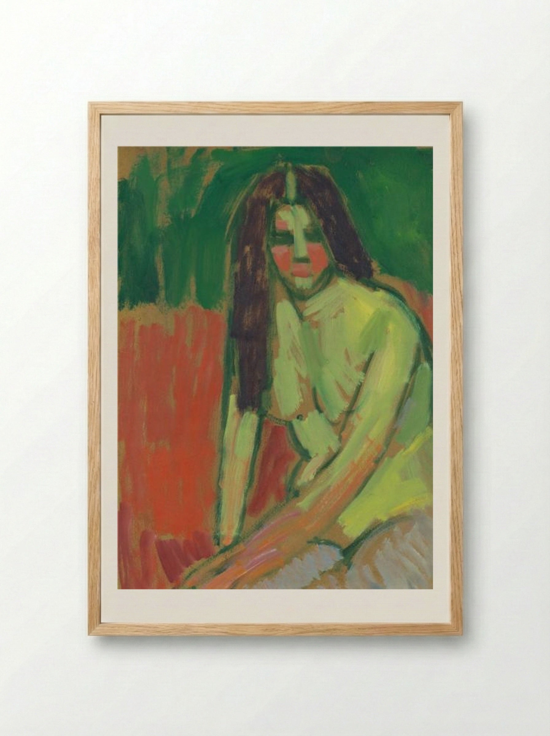 Half-nude figure with long hair sitting bent - Alexej von Jawlensky - Framed Print Wood