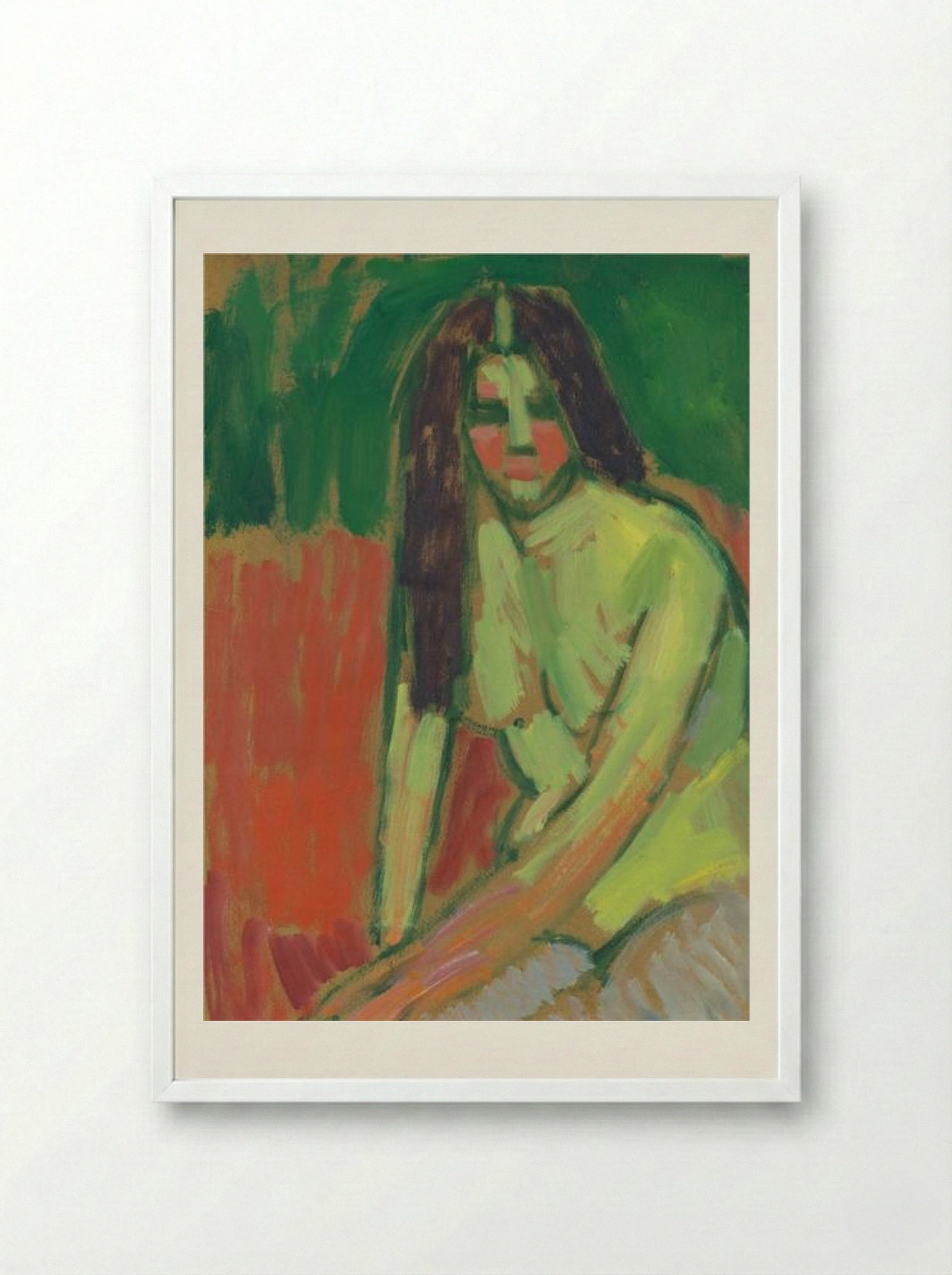 Half-nude figure with long hair sitting bent - Alexej von Jawlensky - Framed Print White