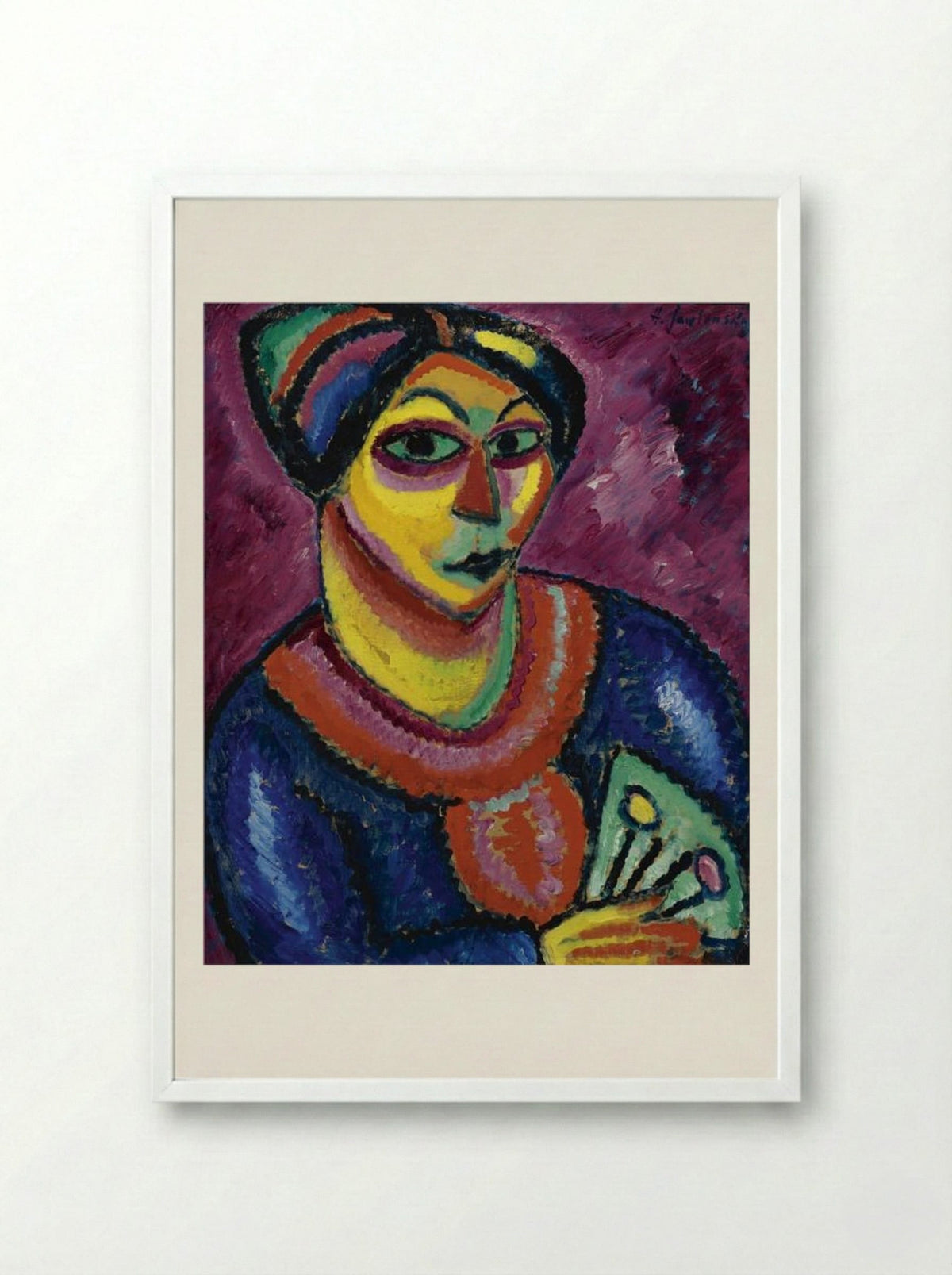 Woman with a Green Fan - Alexej von Jawlensky - Framed Print White