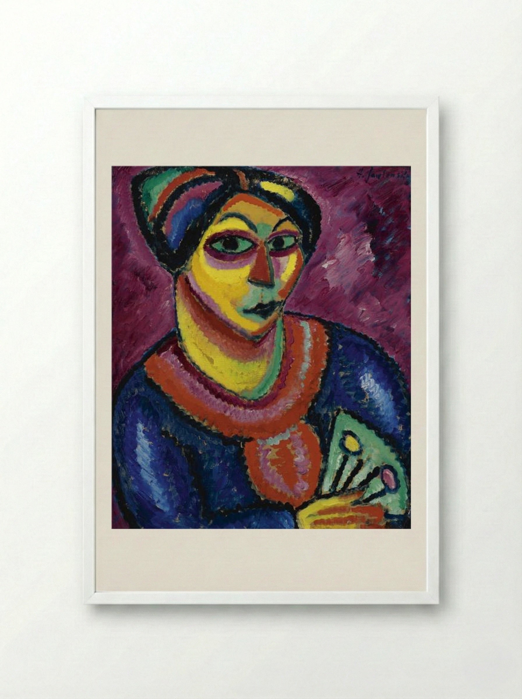 Woman with a Green Fan - Alexej von Jawlensky - Framed Print White