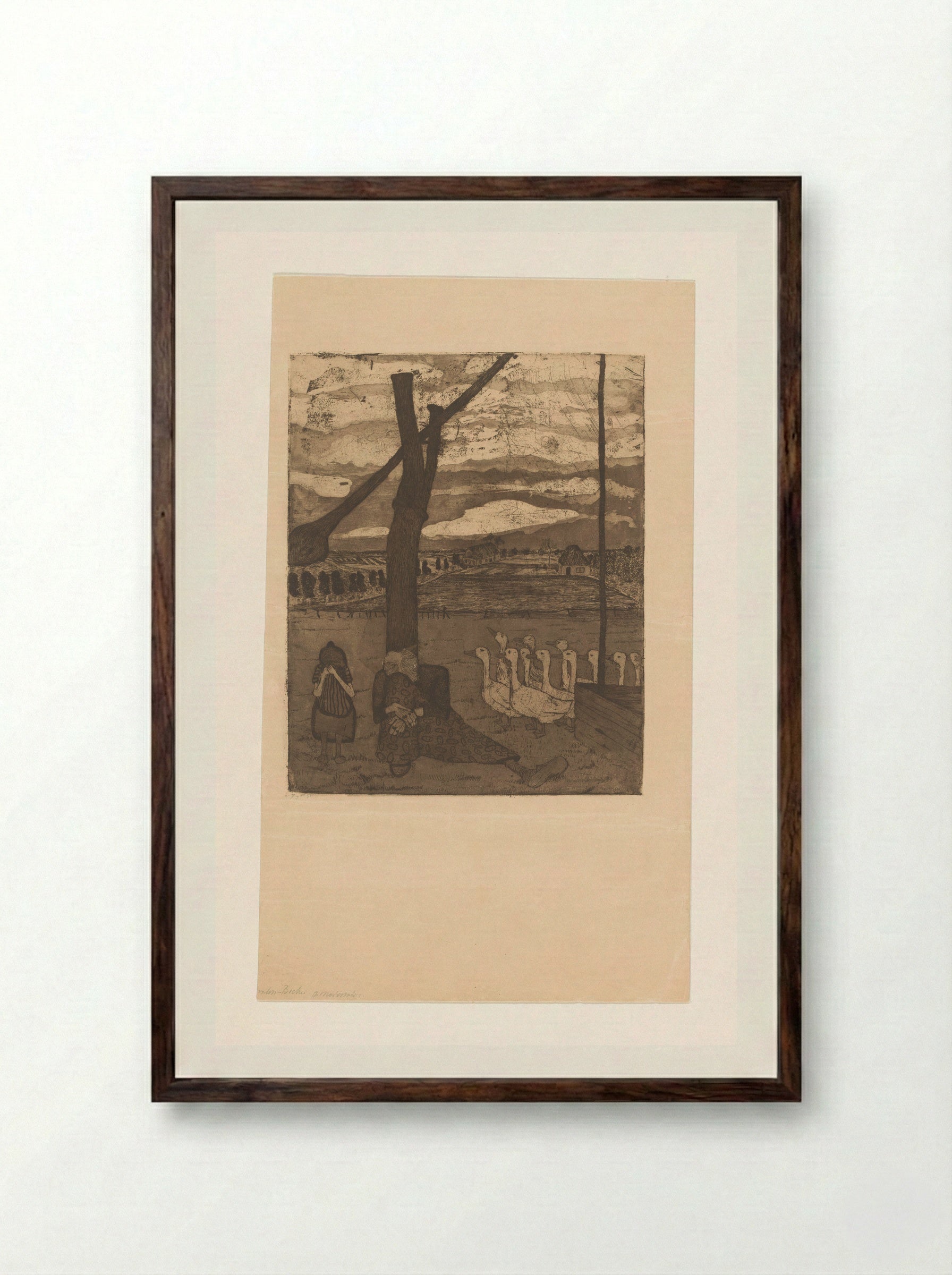 Oude vrouw en meisje treuren bij een waterput - Paula Modersohn-Becker - Framed Print Dark Wood