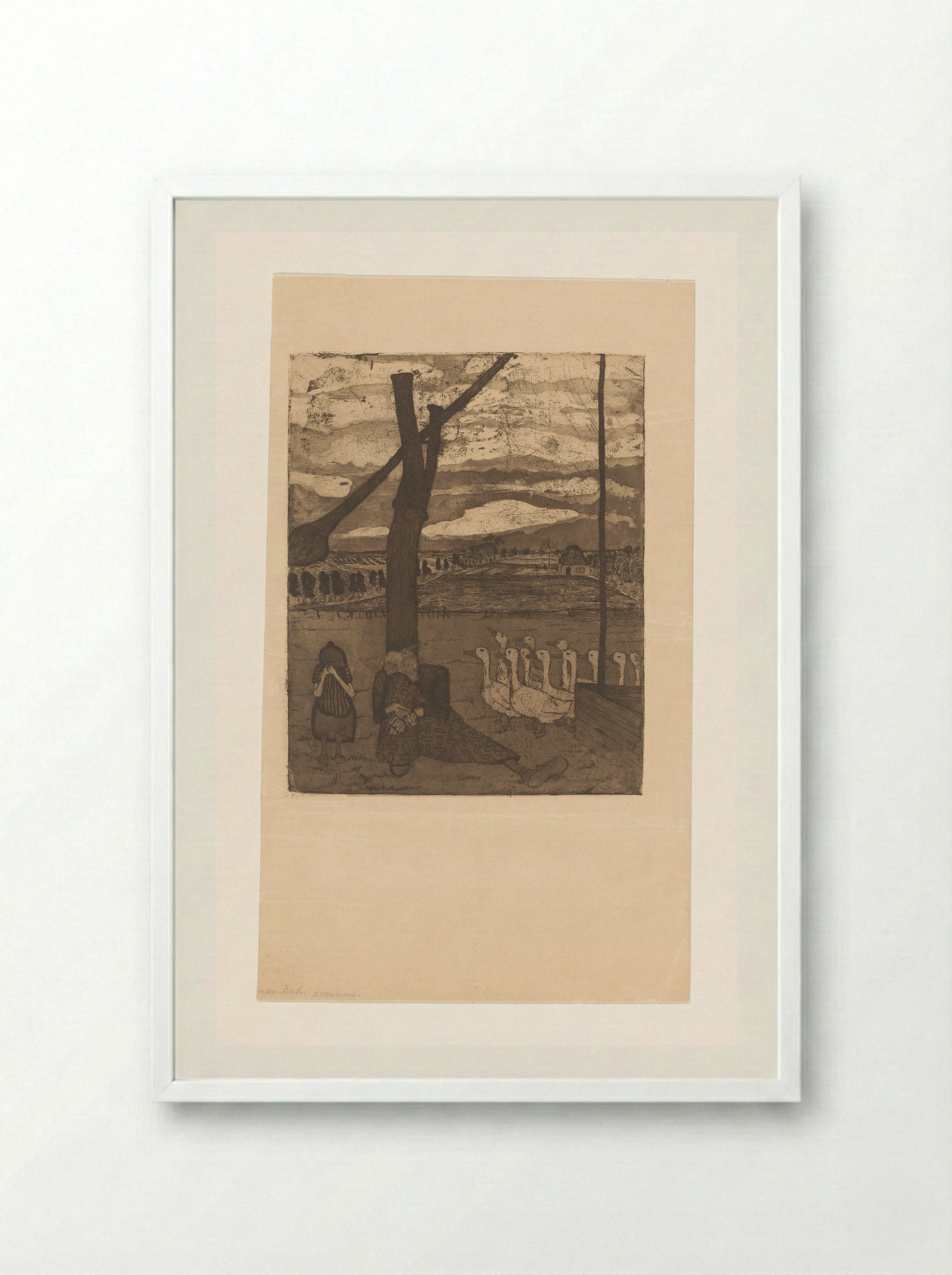 Oude vrouw en meisje treuren bij een waterput - Paula Modersohn-Becker - Framed Print White