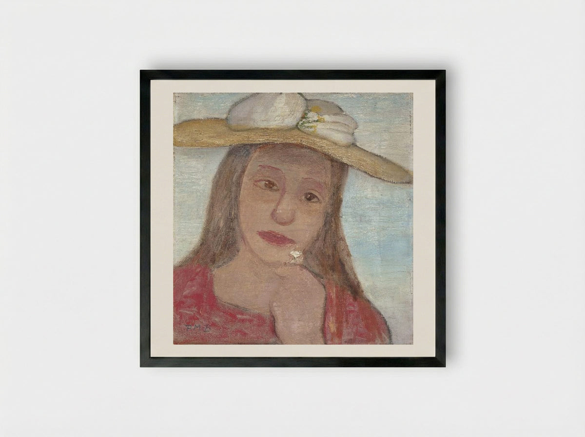 Young Girl With Straw Hat And A Flower In Her Hand - Paula Modersohn-Becker - Framed Print Black