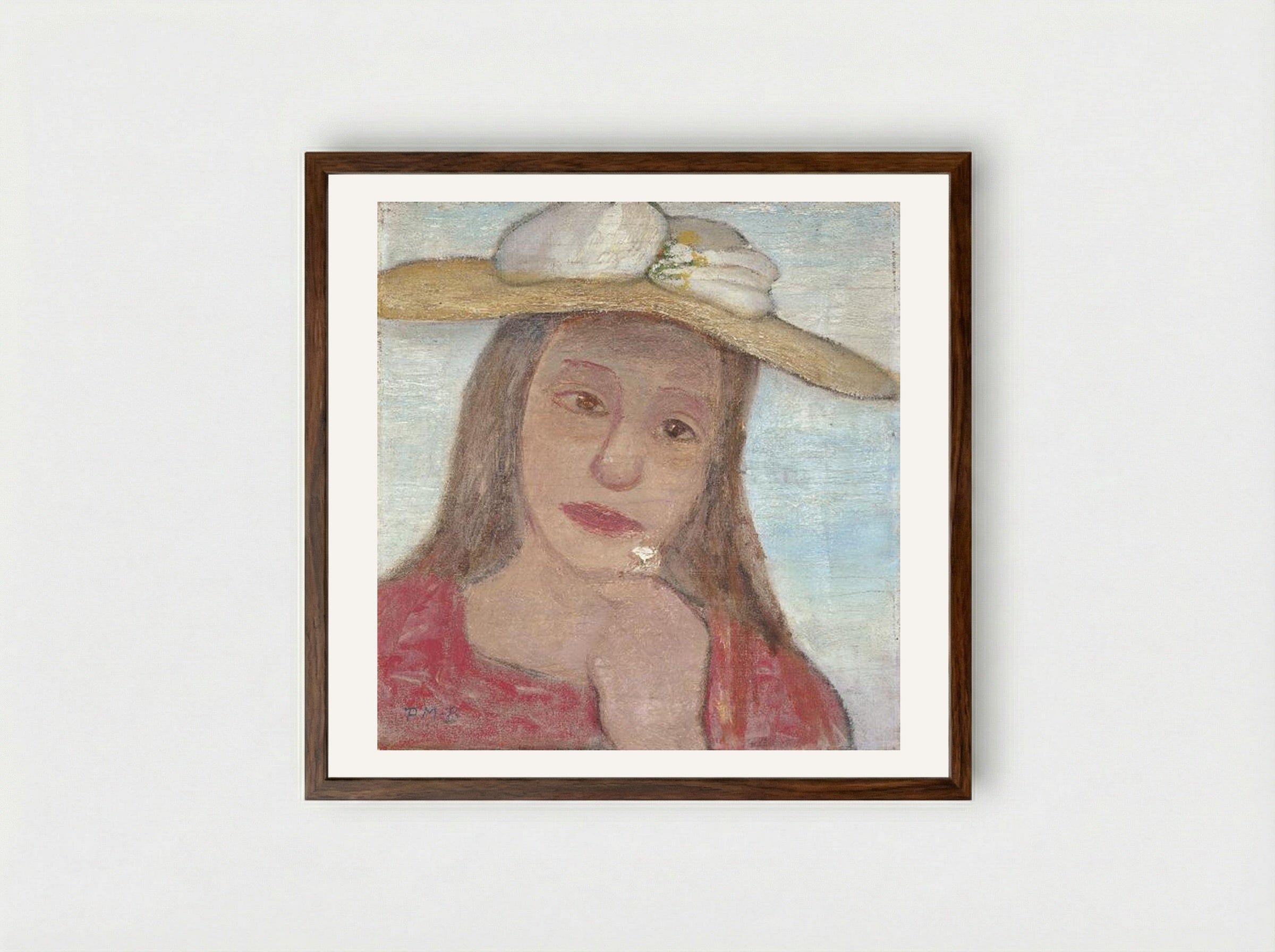 Young Girl With Straw Hat And A Flower In Her Hand - Paula Modersohn-Becker - Framed Print Dark Wood