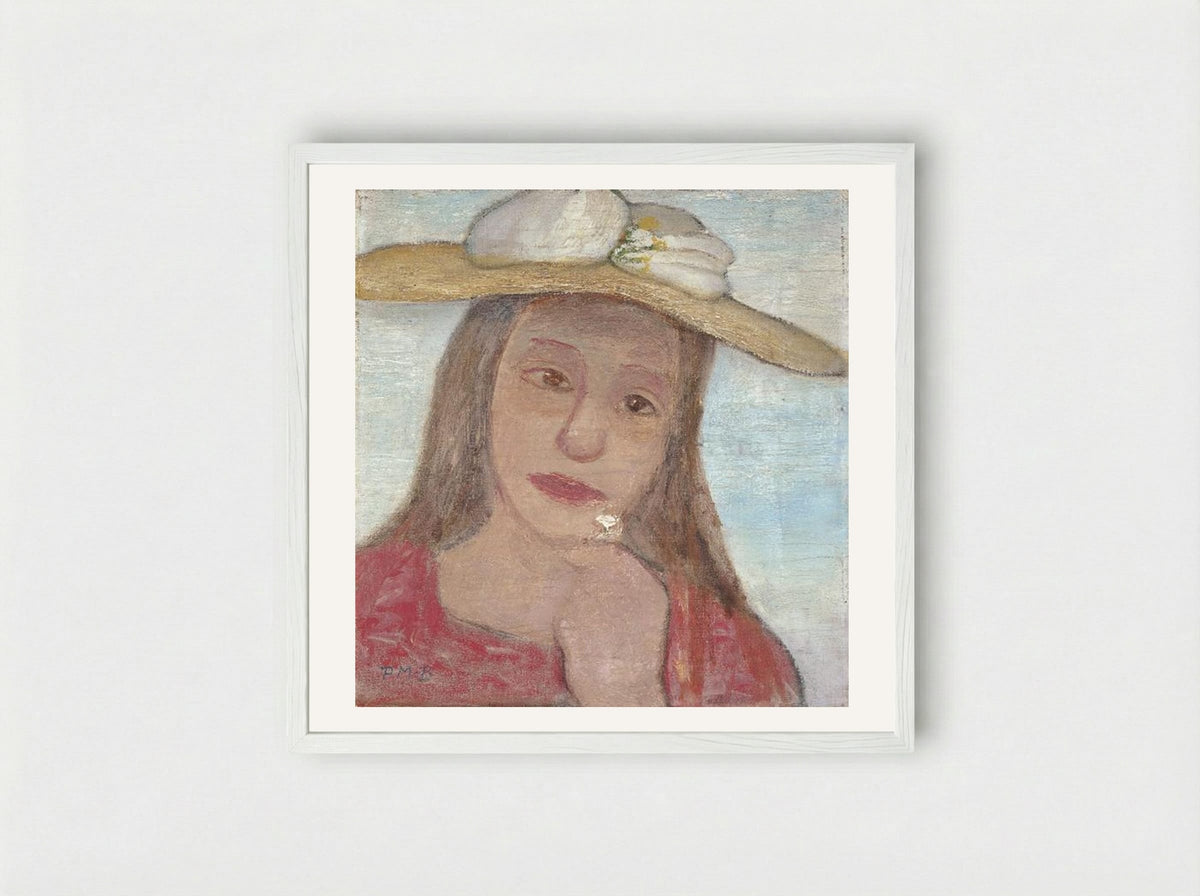 Young Girl With Straw Hat And A Flower In Her Hand - Paula Modersohn-Becker - Framed Print White