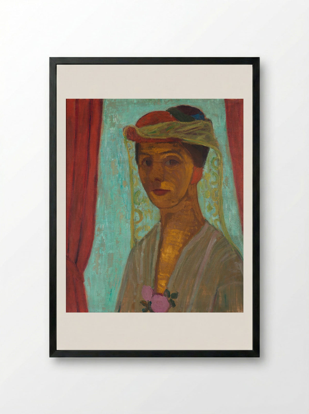 Self-Portrait with Red Flower Wreath and Chain - Paula Modersohn-Becker - Framed Print Black