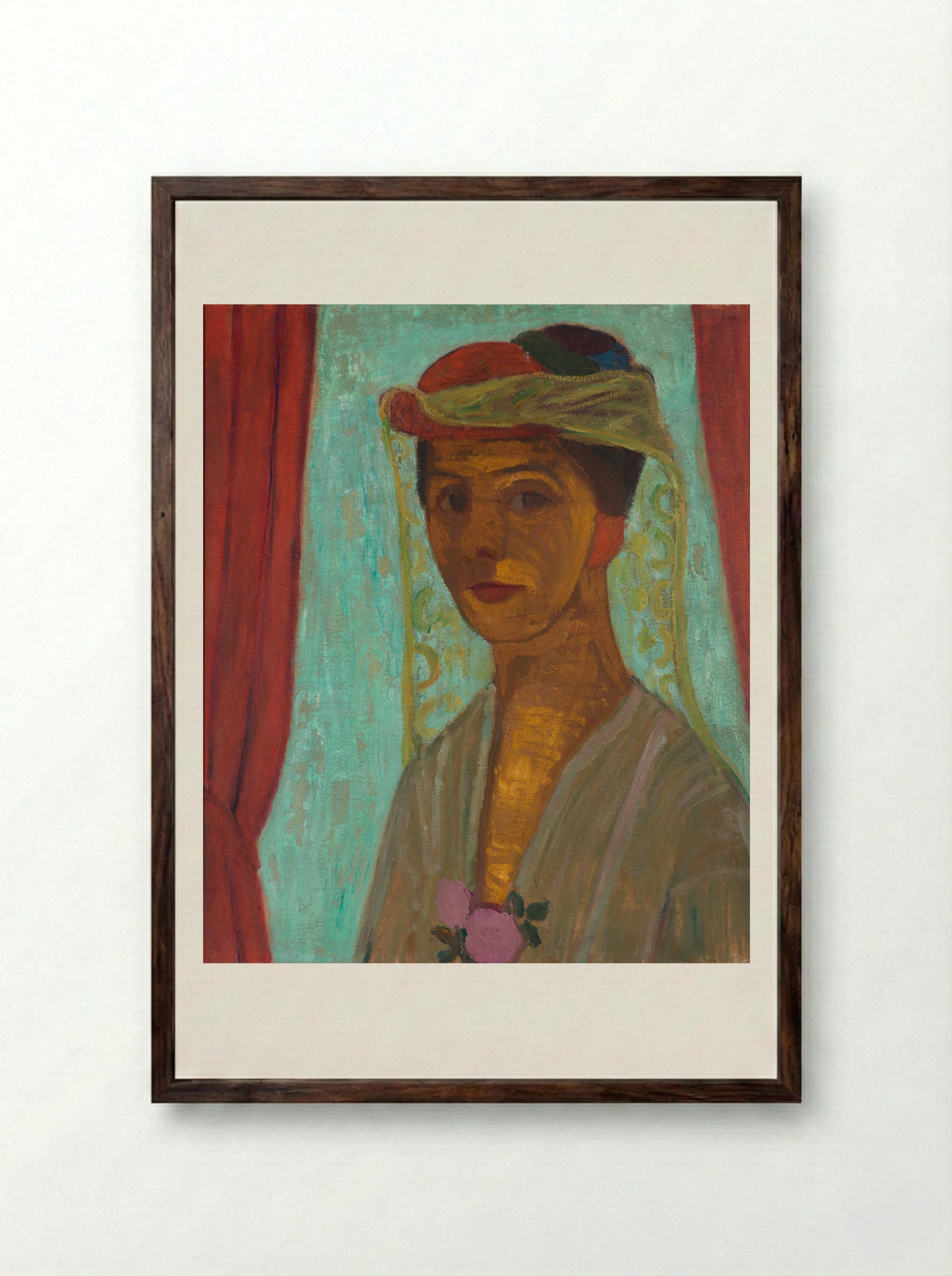 Self-Portrait with Red Flower Wreath and Chain - Paula Modersohn-Becker - Framed Print Dark Wood