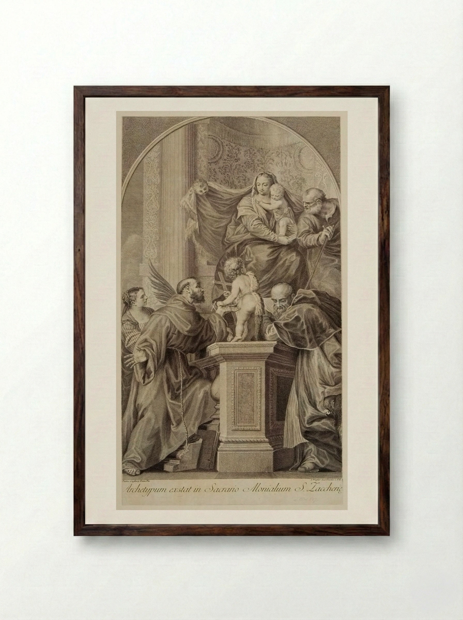 Madonna Enthroned, with the Infant Saint John, Saint Francis, Saint Jerome, and Saint Catherine - Joseph Wagner - Framed Print Dark Wood