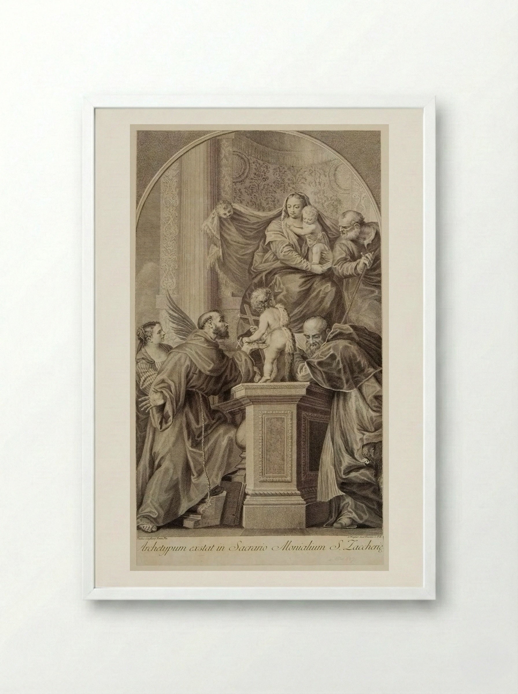 Madonna Enthroned, with the Infant Saint John, Saint Francis, Saint Jerome, and Saint Catherine - Joseph Wagner - Framed Print White