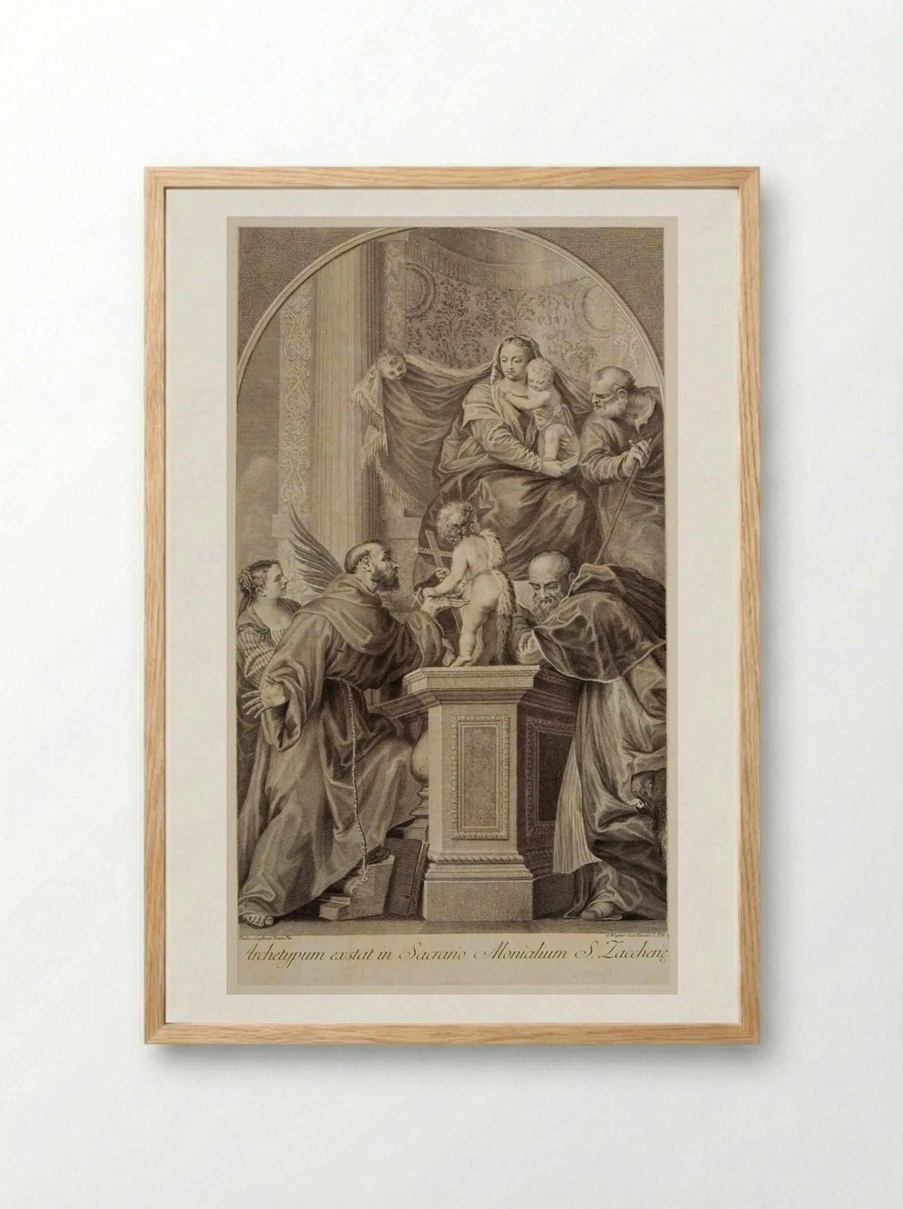 Madonna Enthroned, with the Infant Saint John, Saint Francis, Saint Jerome, and Saint Catherine - Joseph Wagner - Framed Print Wood