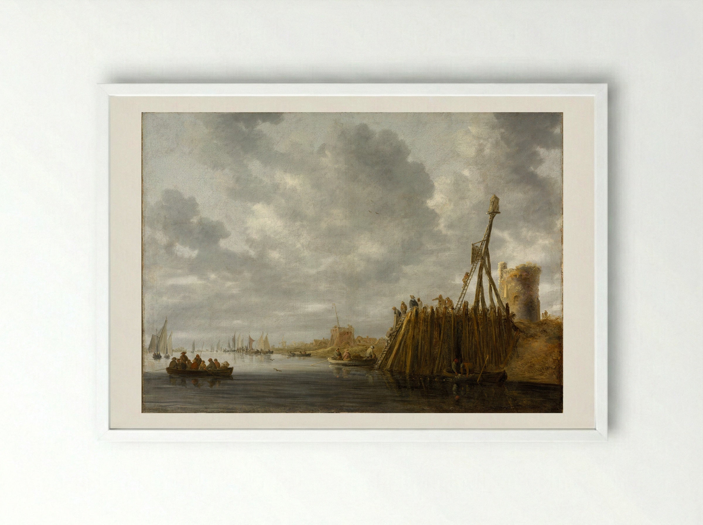 Harbor Scene with a Watchtower and Beacon - Jan van Goyen - Framed Print White