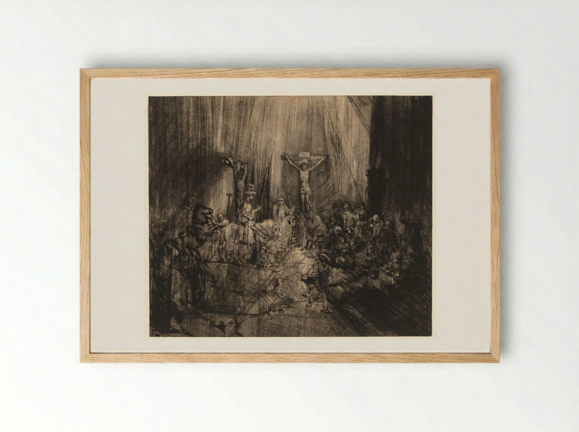 Christ Crucified Between the Two Thieves: 'The Three Crosses' - Rembrandt van Rijn - Framed Print Wood