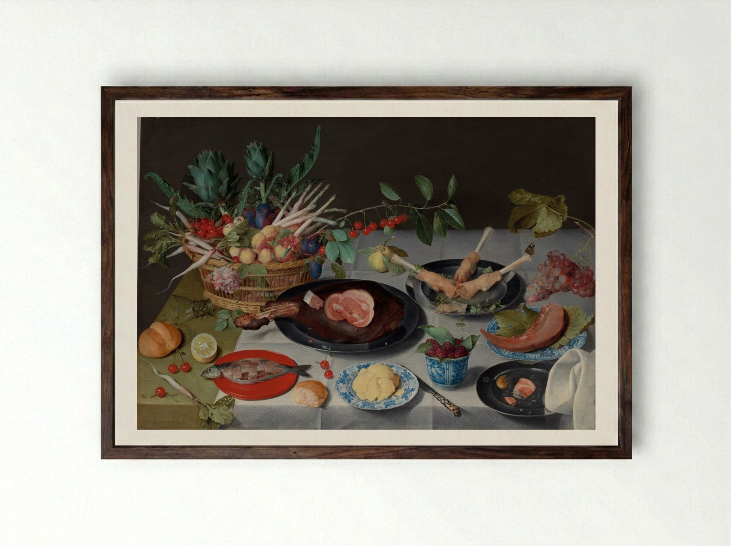 Still Life with Meat, Fish, Vegetables, and Fruit - Jacob van Hulsdonck - Framed Print Dark Wood