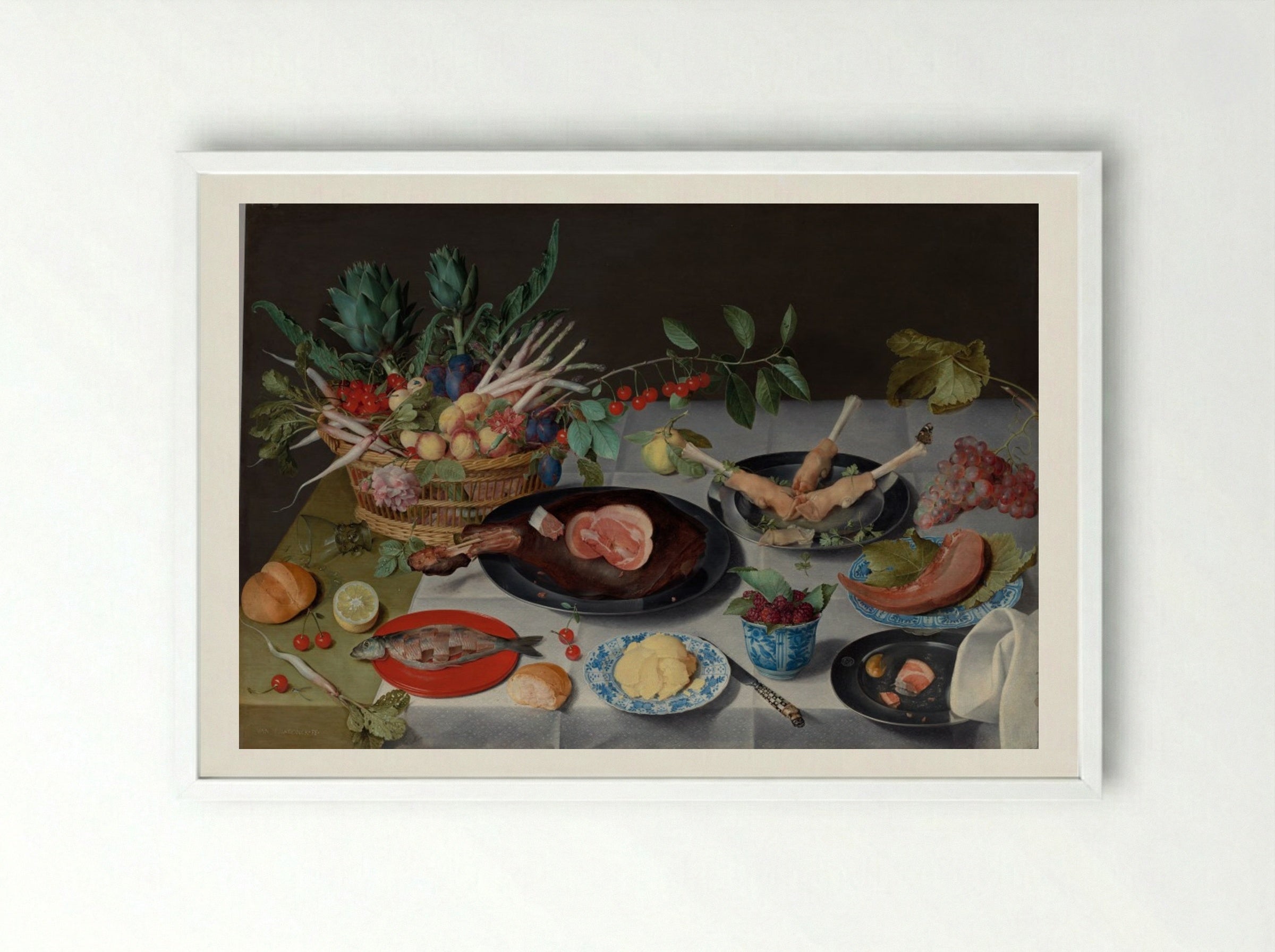 Still Life with Meat, Fish, Vegetables, and Fruit - Jacob van Hulsdonck - Framed Print White