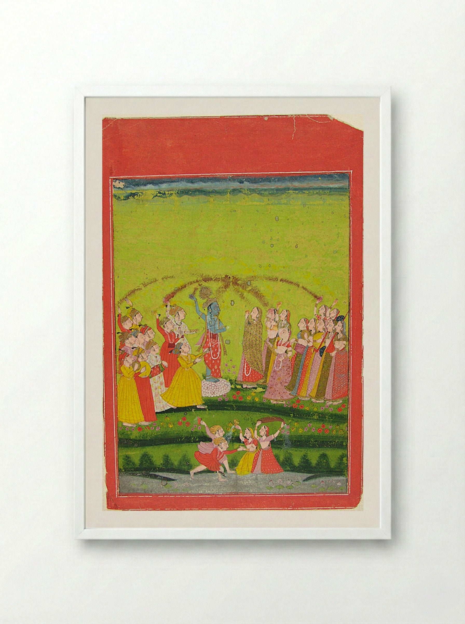 Radha and Krishna Celebrating Holi - Unknown Artist - Framed Print White