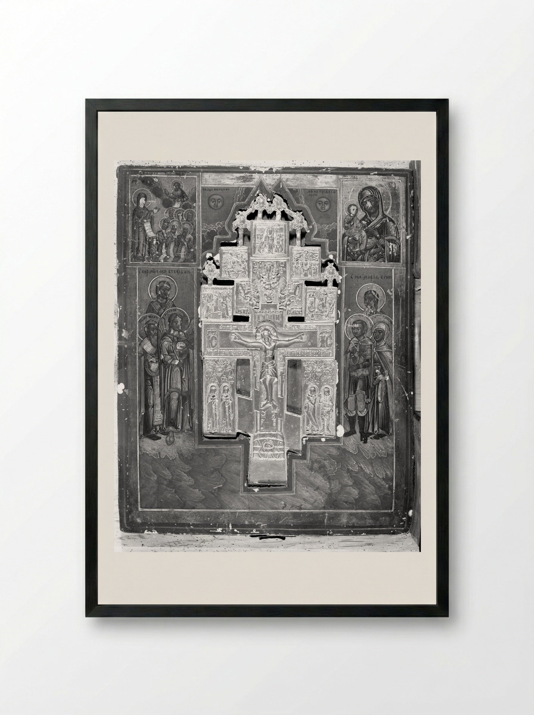 Painted Panel with Crucifixion Inset - Fine Art Print - Framed Print Black