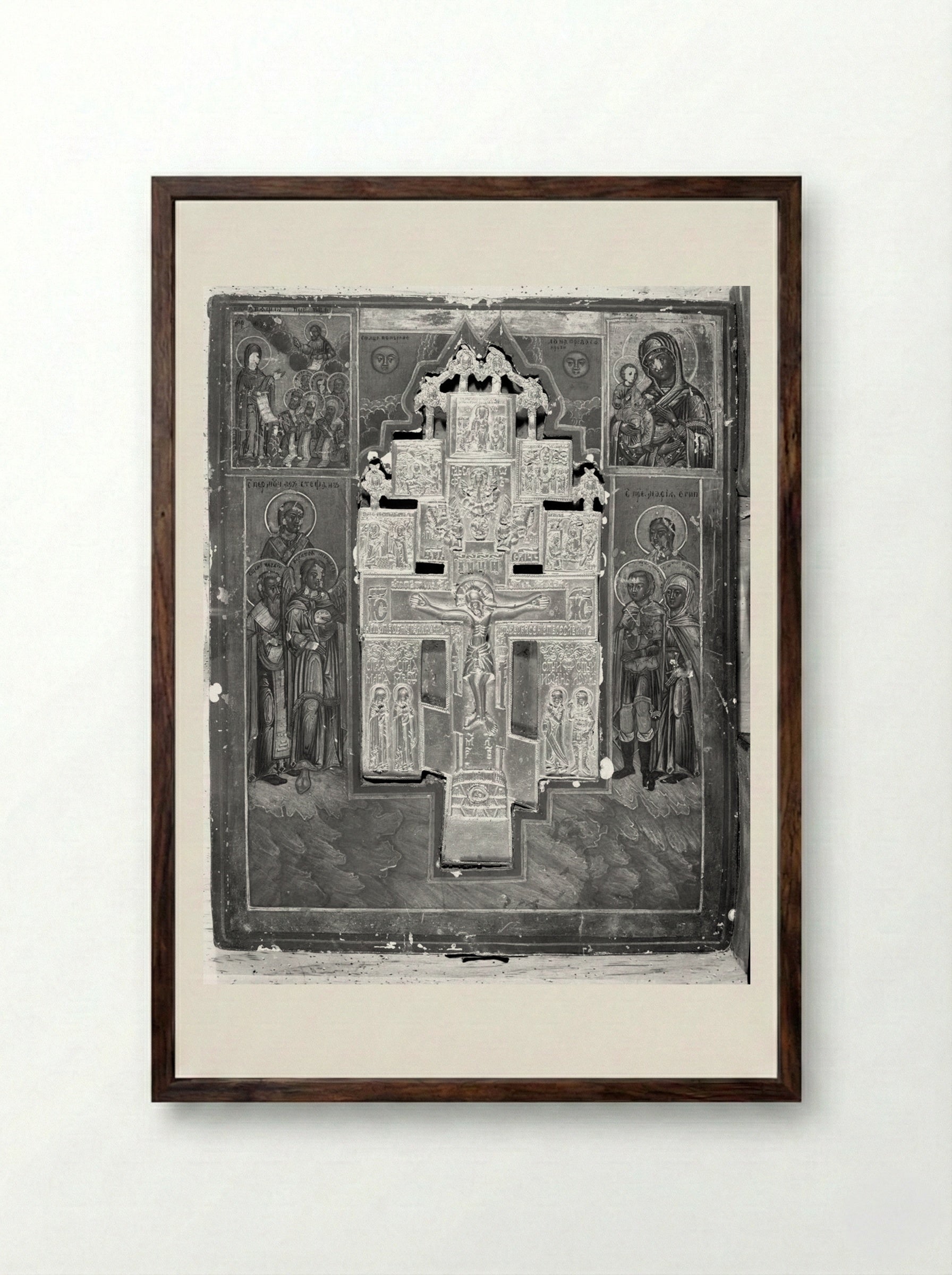 Painted Panel with Crucifixion Inset - Fine Art Print - Framed Print Dark Wood