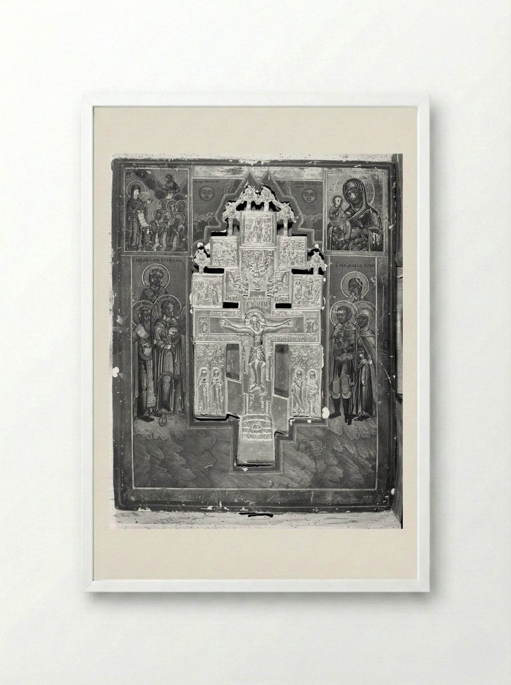 Painted Panel with Crucifixion Inset - Fine Art Print - Framed Print White