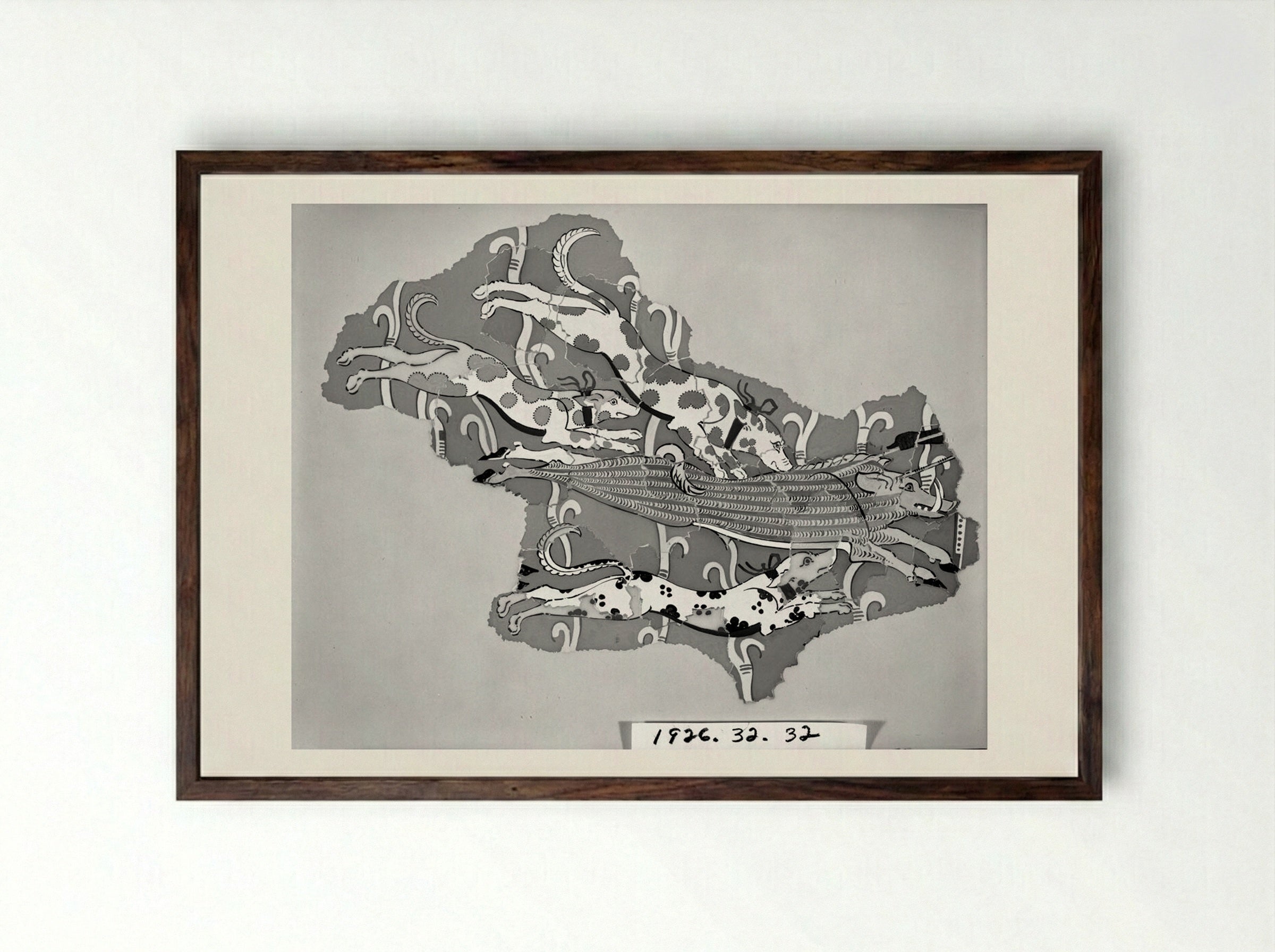 Dogs Attacking a Boar (after a fresco from the Palace of Tiryns) - Fine Art Print - Framed Print Dark Wood