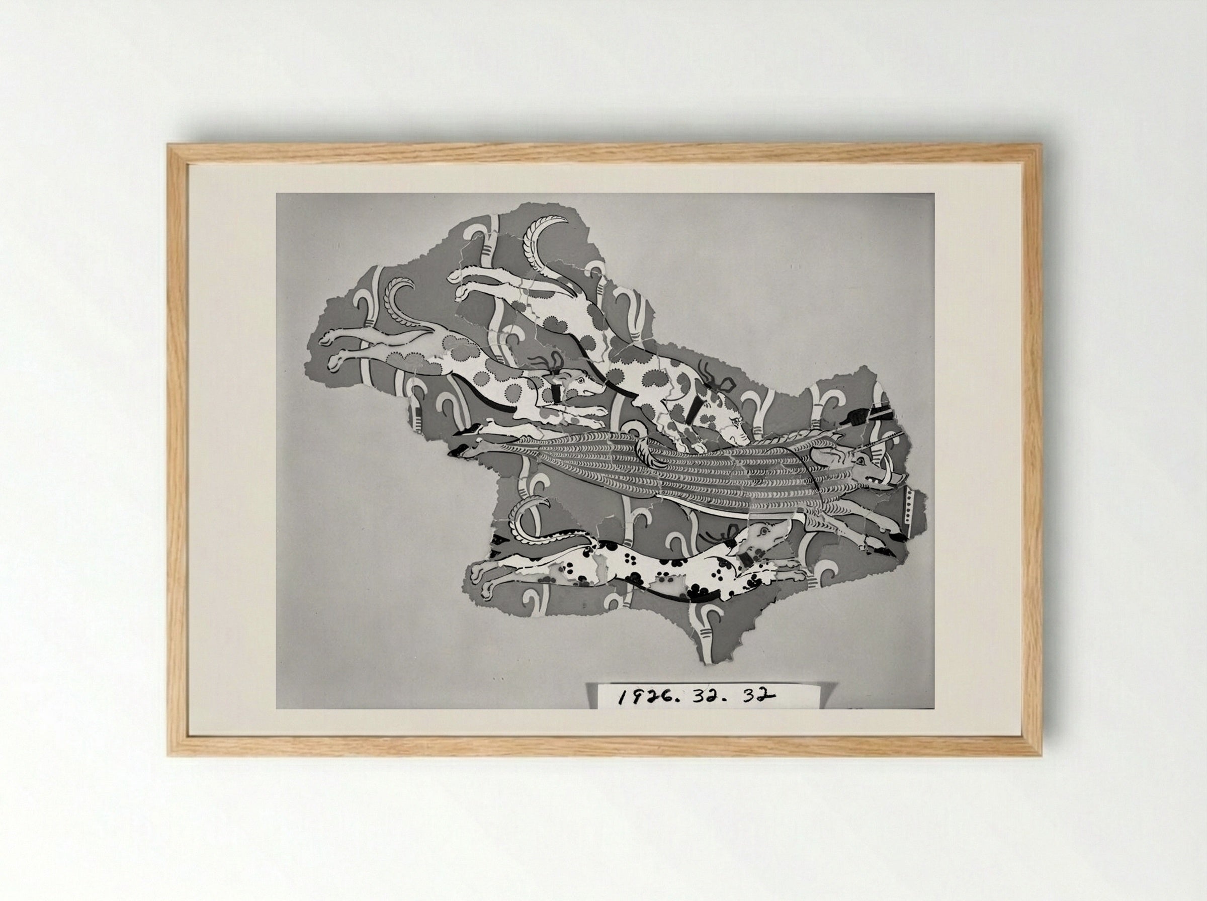 Dogs Attacking a Boar (after a fresco from the Palace of Tiryns) - Fine Art Print - Framed Print Wood