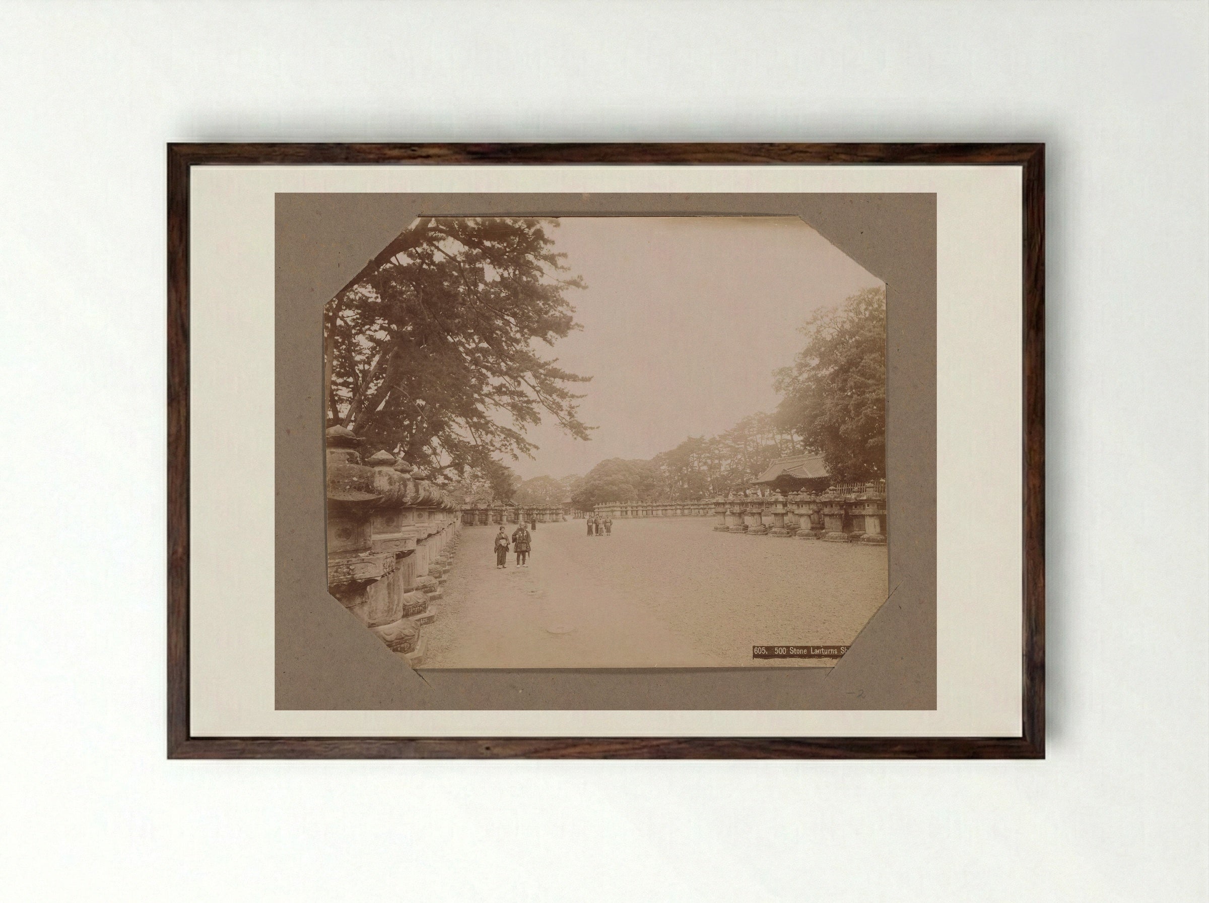 Five Hundred Stone Lanterns at Shiba Park, Tokyo - Kusakabe Kimbei - Framed Print Dark Wood