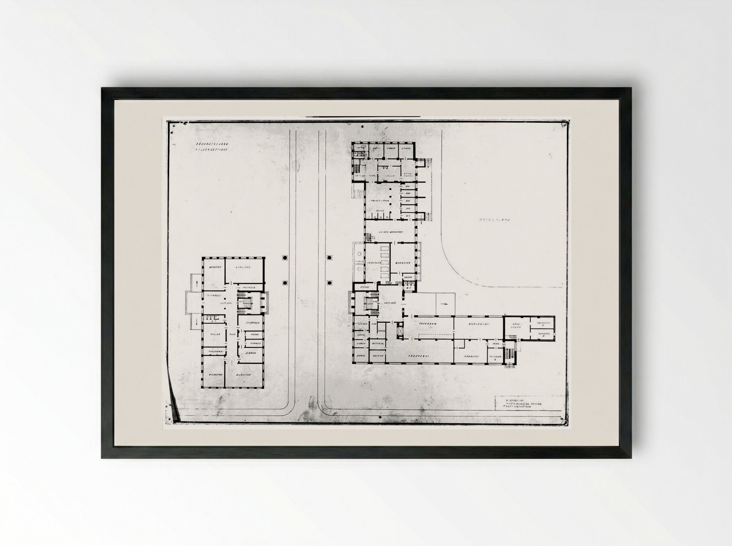 Bauhaus Building, Dessau: Basement Plan - Walter Gropius - Framed Print Black