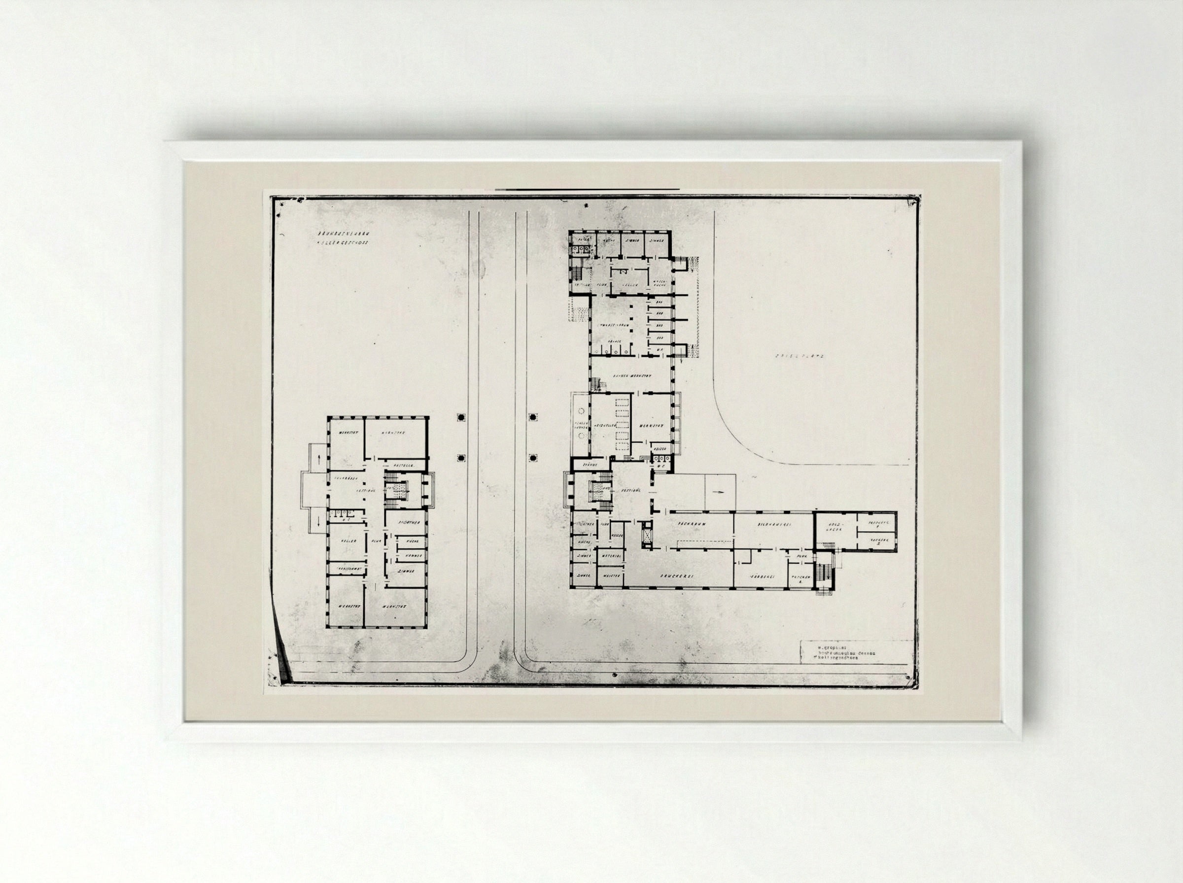 Bauhaus Building, Dessau: Basement Plan - Walter Gropius - Framed Print White