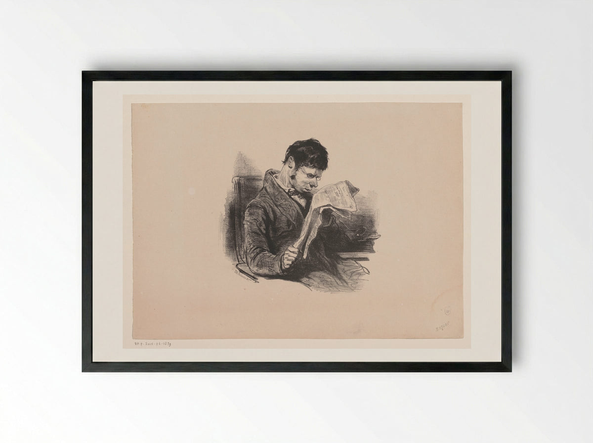 Man in a Dressing Gown, Reading the Newspaper - Paul Gavarni - Framed Print Black