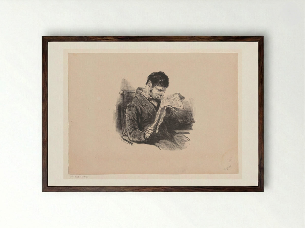 Man in a Dressing Gown, Reading the Newspaper - Paul Gavarni - Framed Print Dark Wood