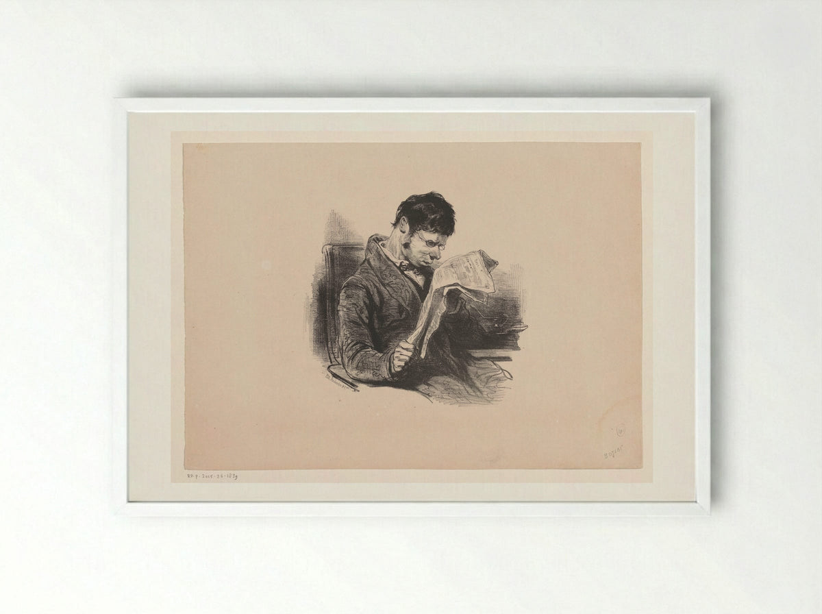 Man in a Dressing Gown, Reading the Newspaper - Paul Gavarni - Framed Print White