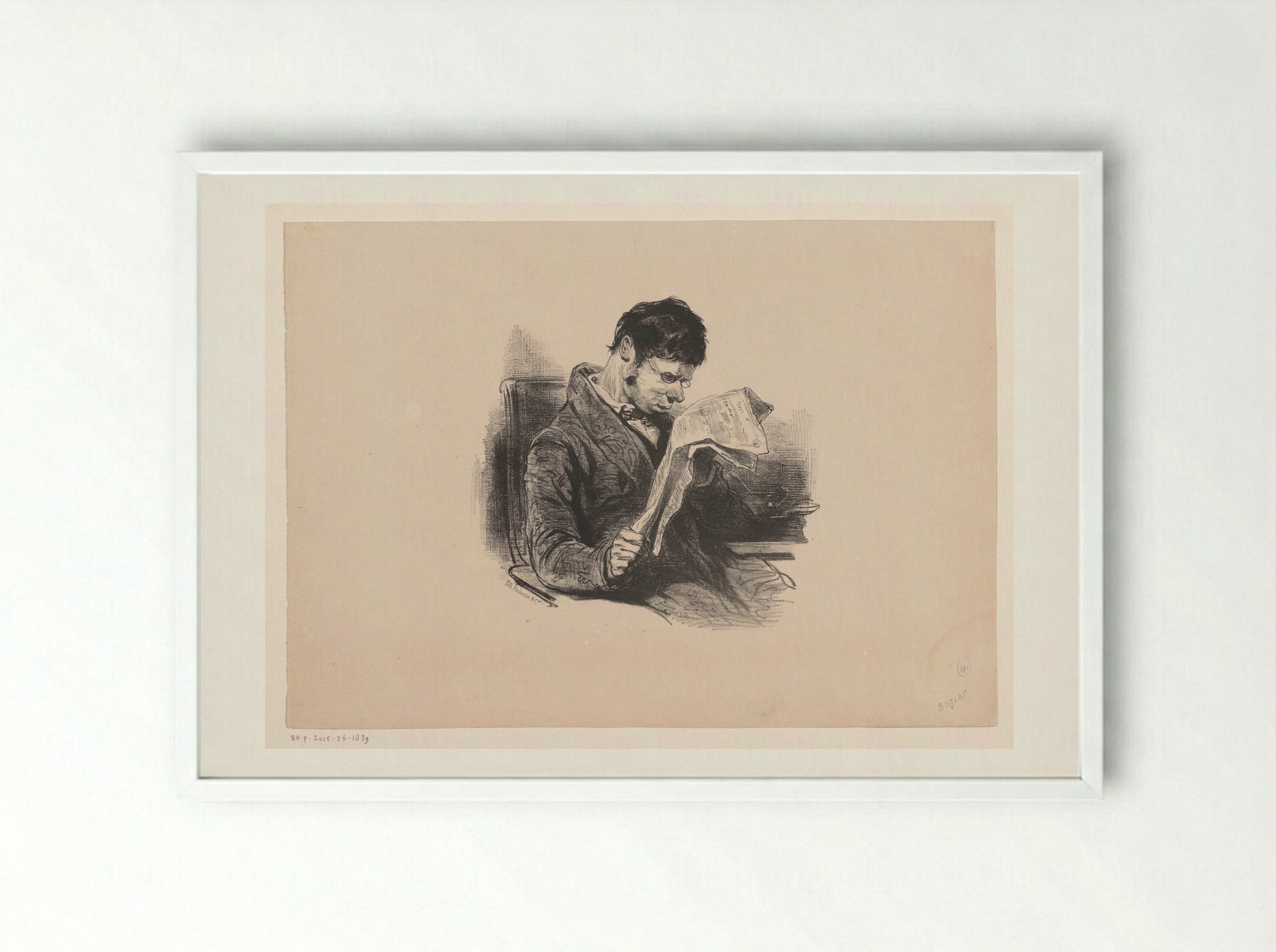 Man in a Dressing Gown, Reading the Newspaper - Paul Gavarni - Framed Print White