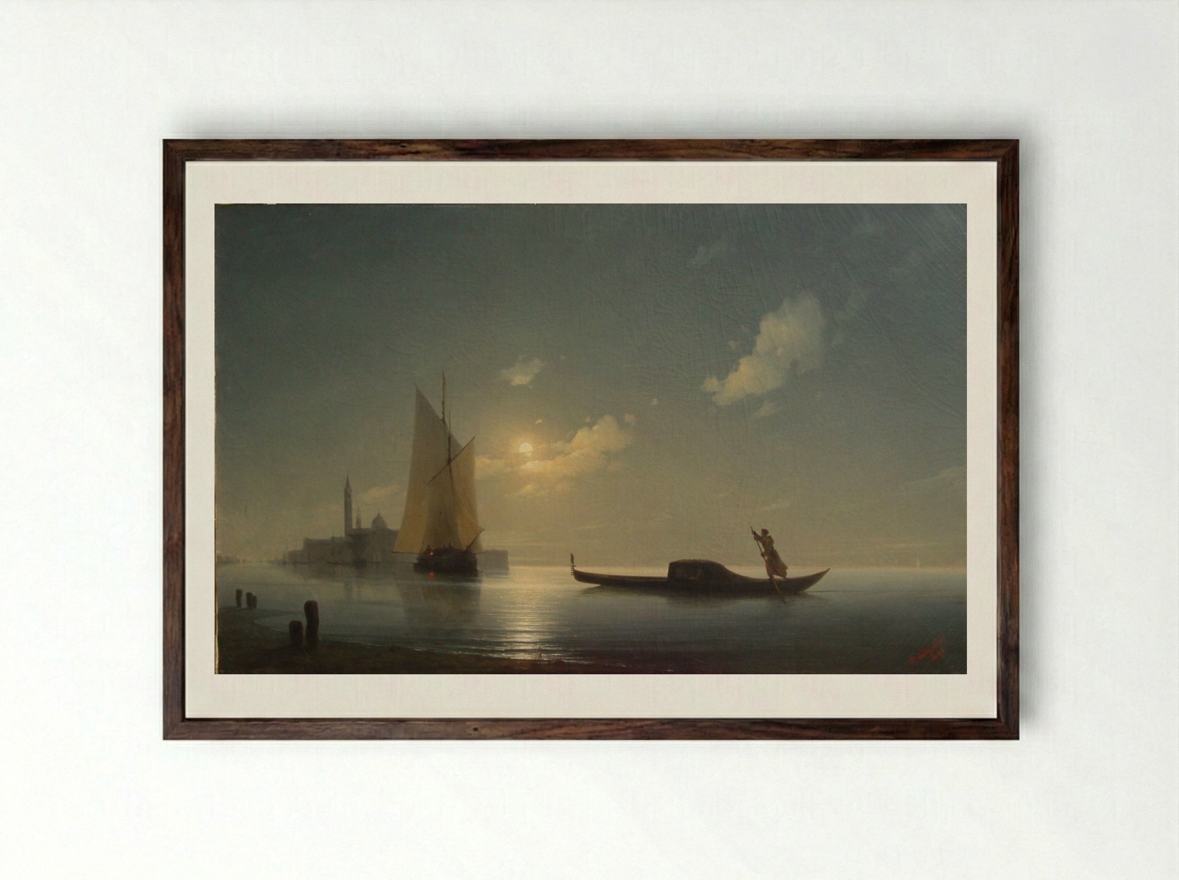 Gondolier at Sea by Night - Ivan Aivazovsky - Framed Print Dark Wood