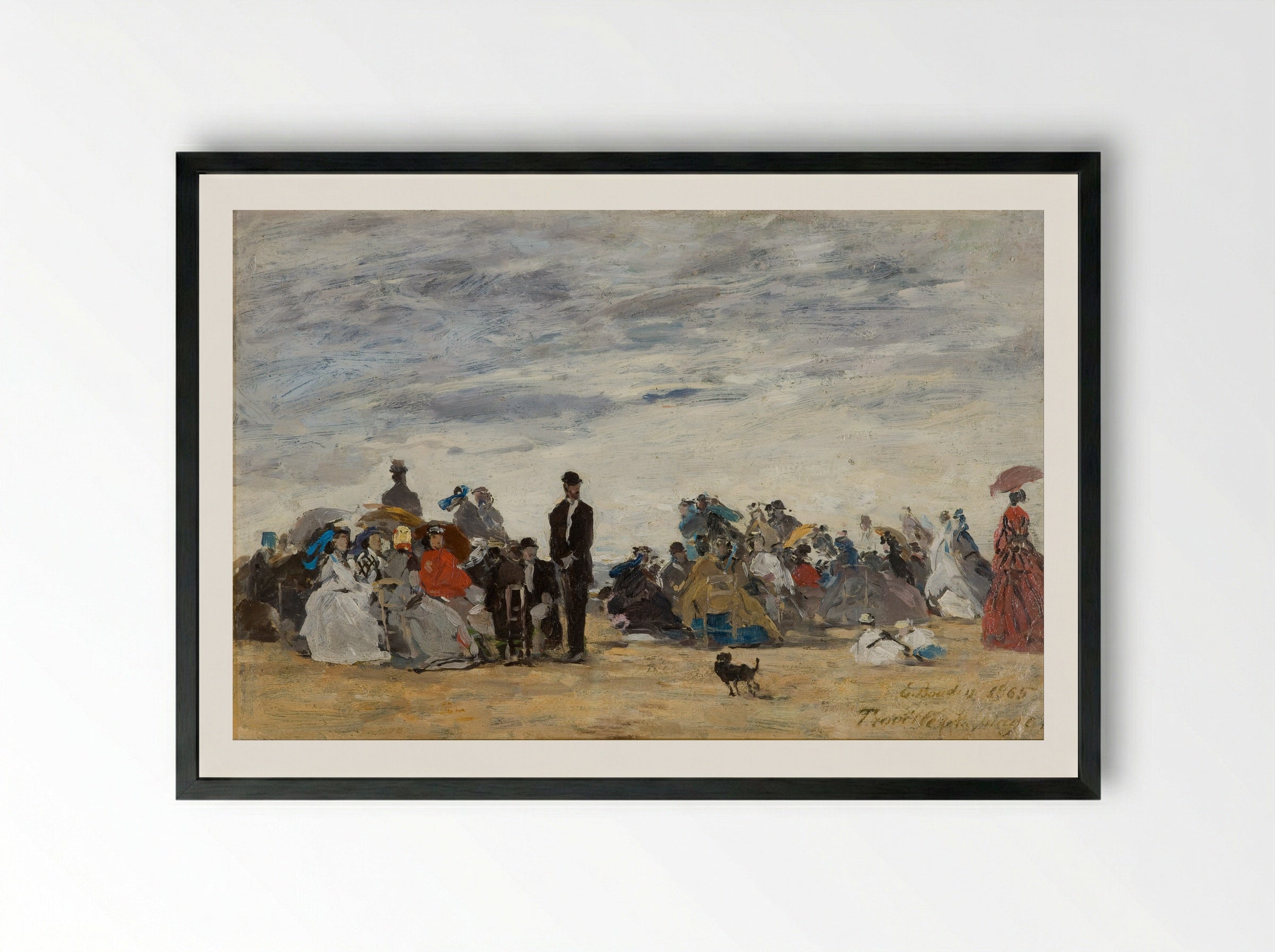 Figures on the Beach at Trouville - Eugène Boudin - Framed Print Black