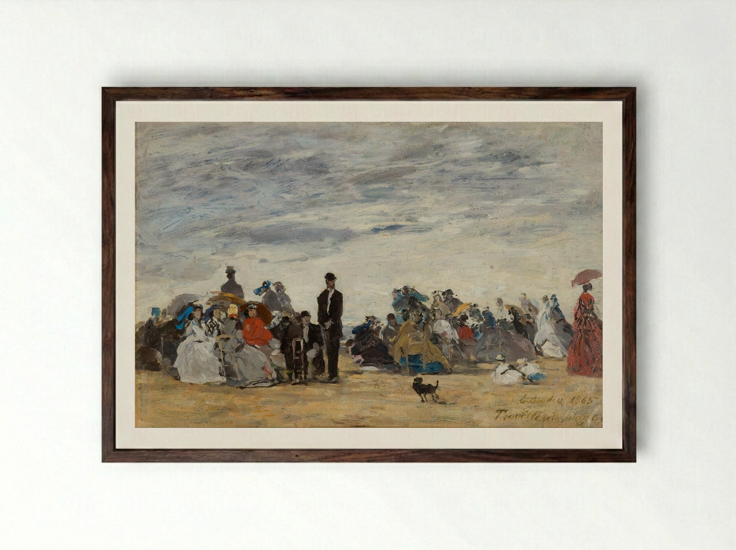 Figures on the Beach at Trouville - Eugène Boudin - Framed Print Dark Wood