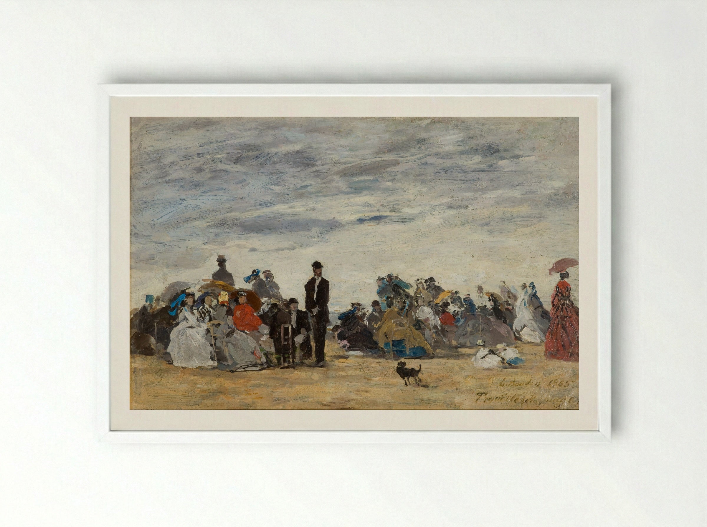 Figures on the Beach at Trouville - Eugène Boudin - Framed Print White