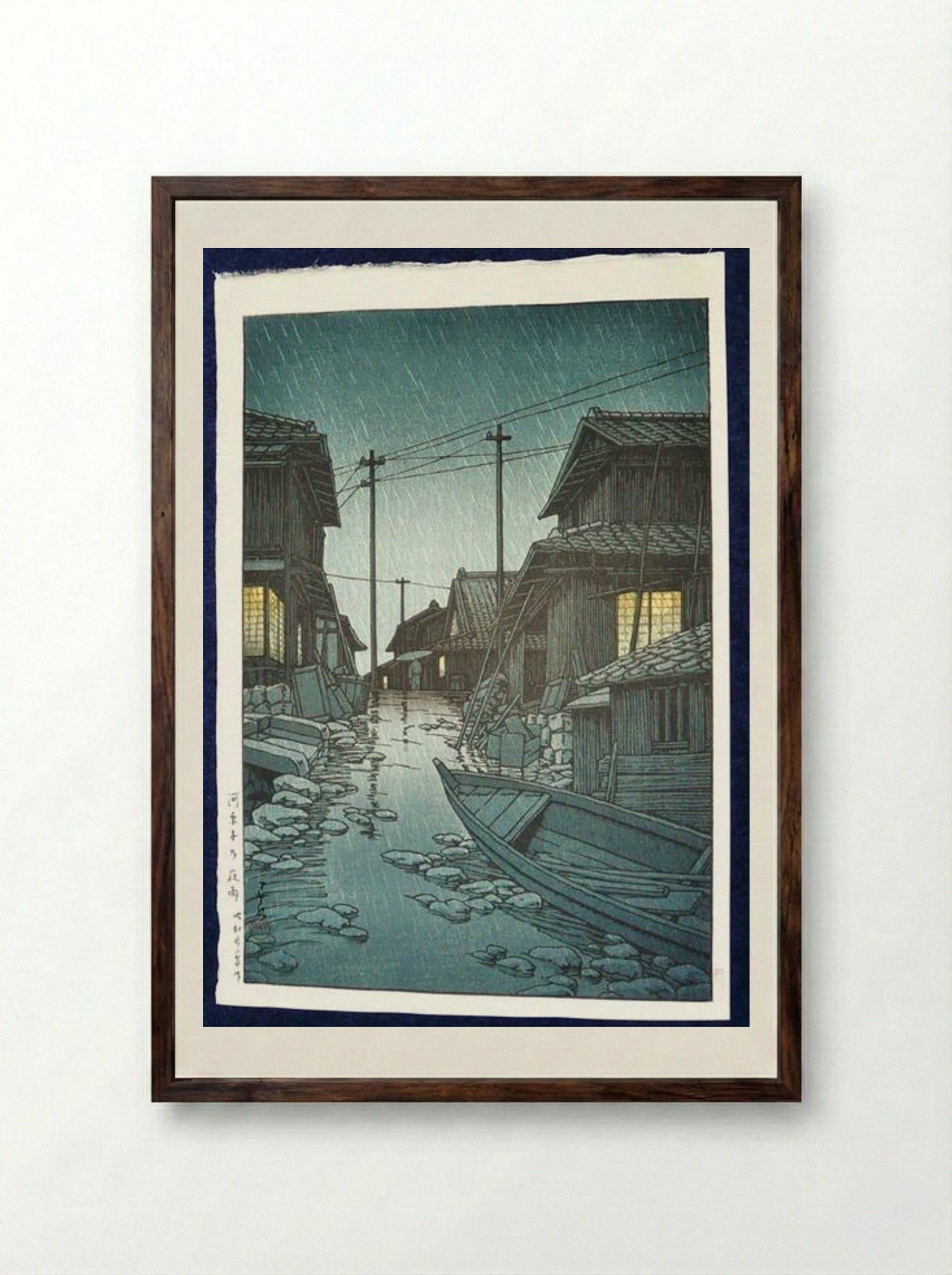 Night Rain at Kawarako, Ibaraki - Hasui Kawase - Framed Print Dark Wood