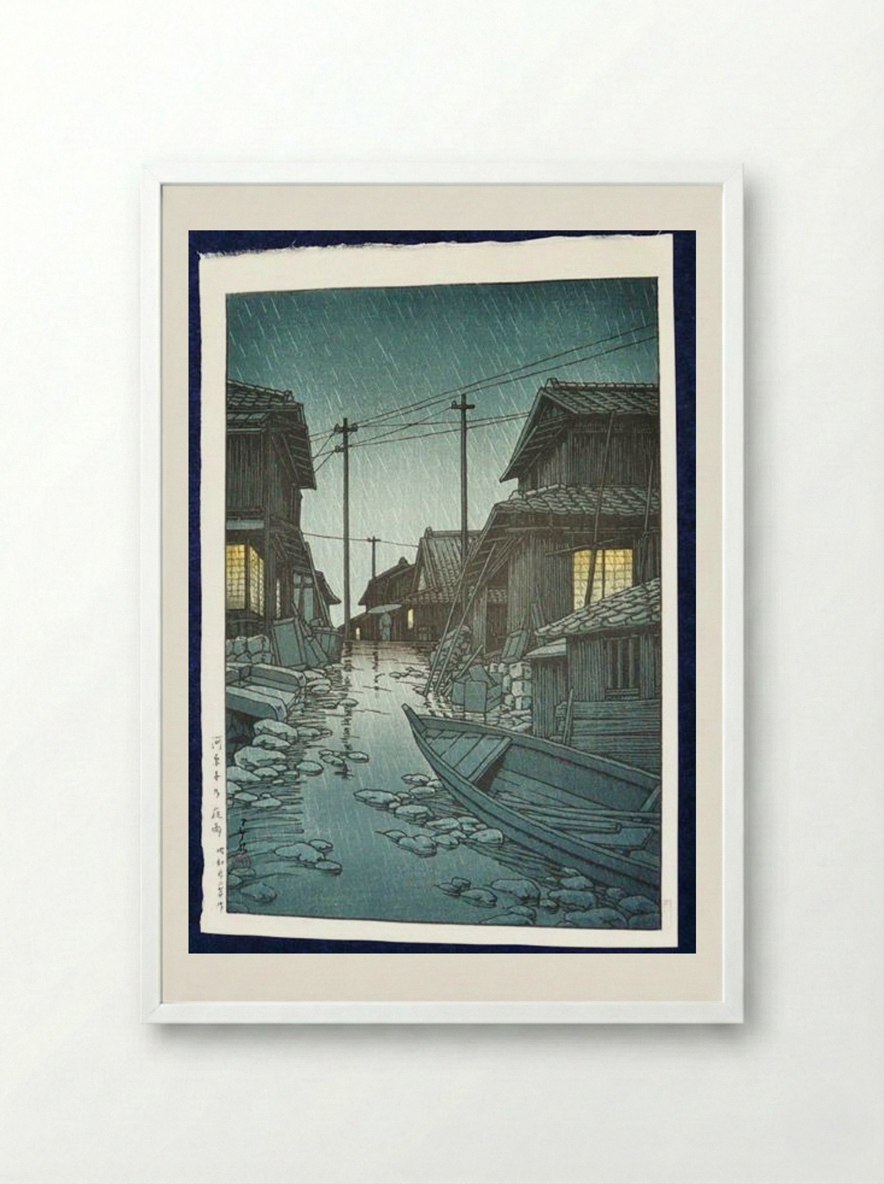 Night Rain at Kawarako, Ibaraki - Hasui Kawase - Framed Print White