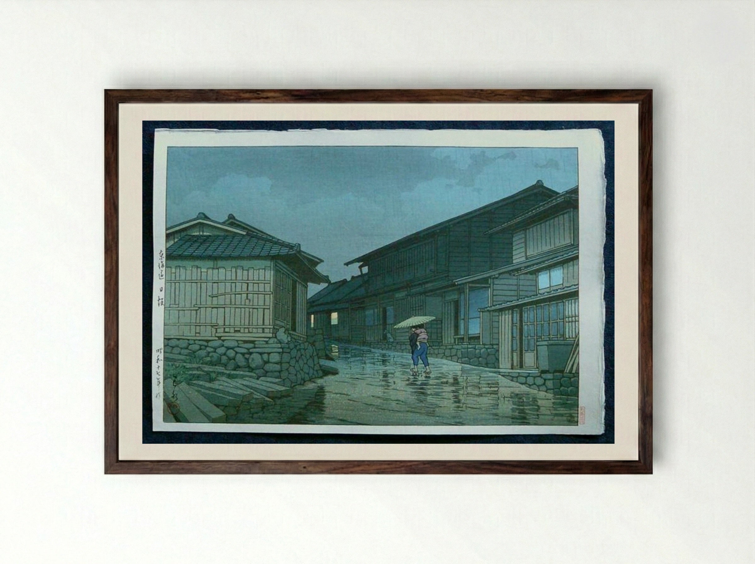 Rain at Nissaka - Hasui Kawase - Framed Print Dark Wood