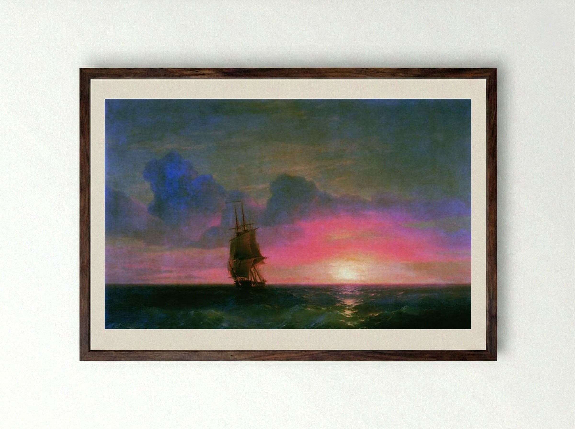 Sunset. A lone sailboat - Ivan Aivazovsky - Framed Print Dark Wood