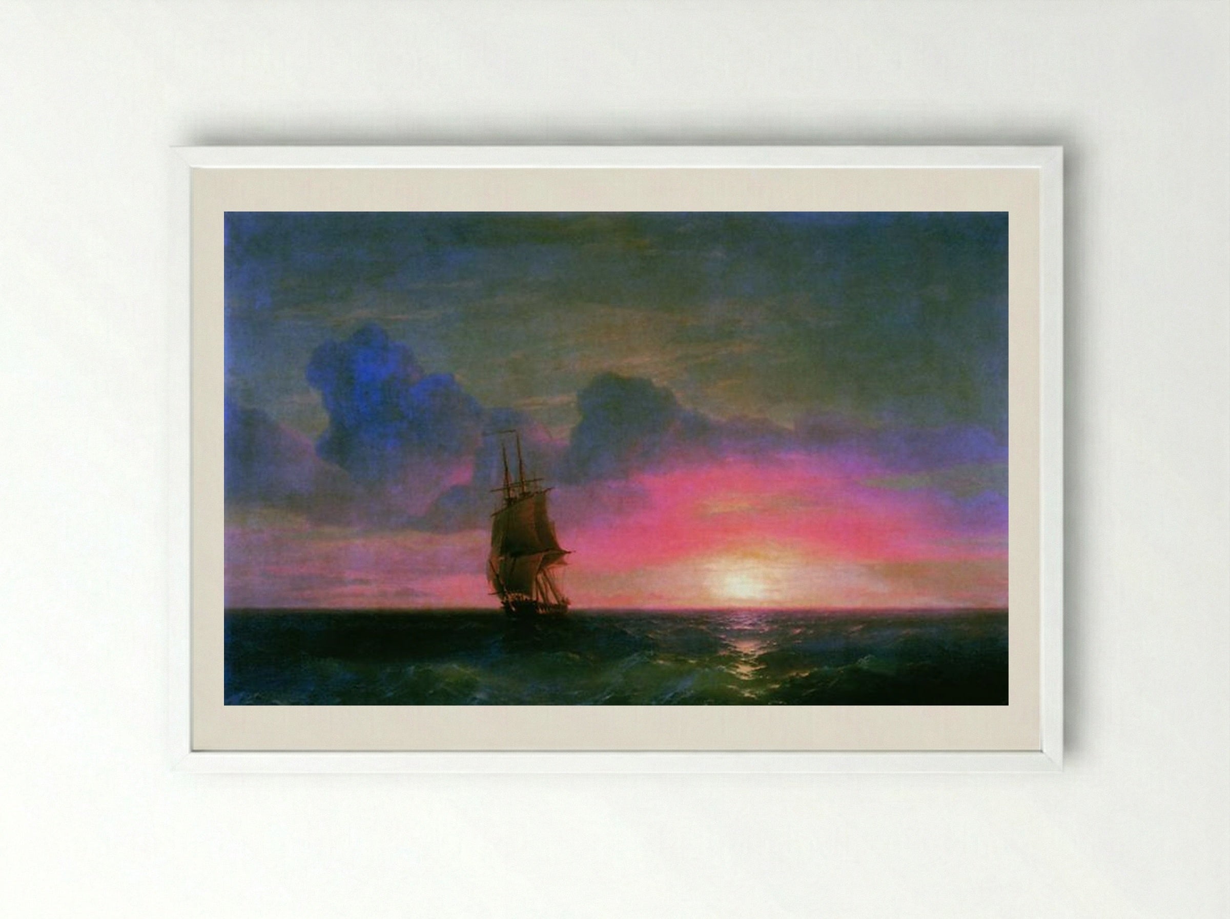 Sunset. A lone sailboat - Ivan Aivazovsky - Framed Print White