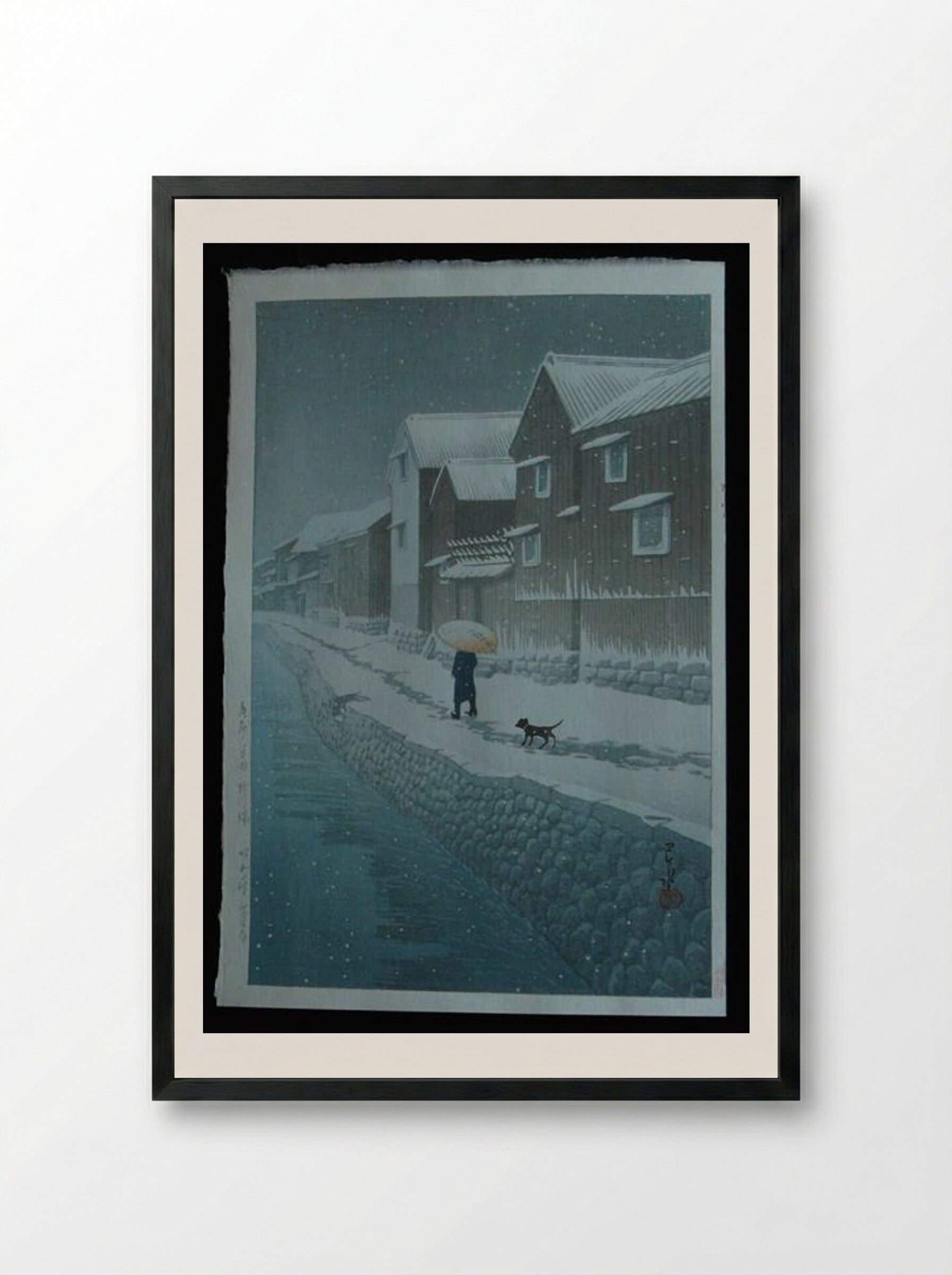 Snow at Shinkawabata - Hasui Kawase - Framed Print Black