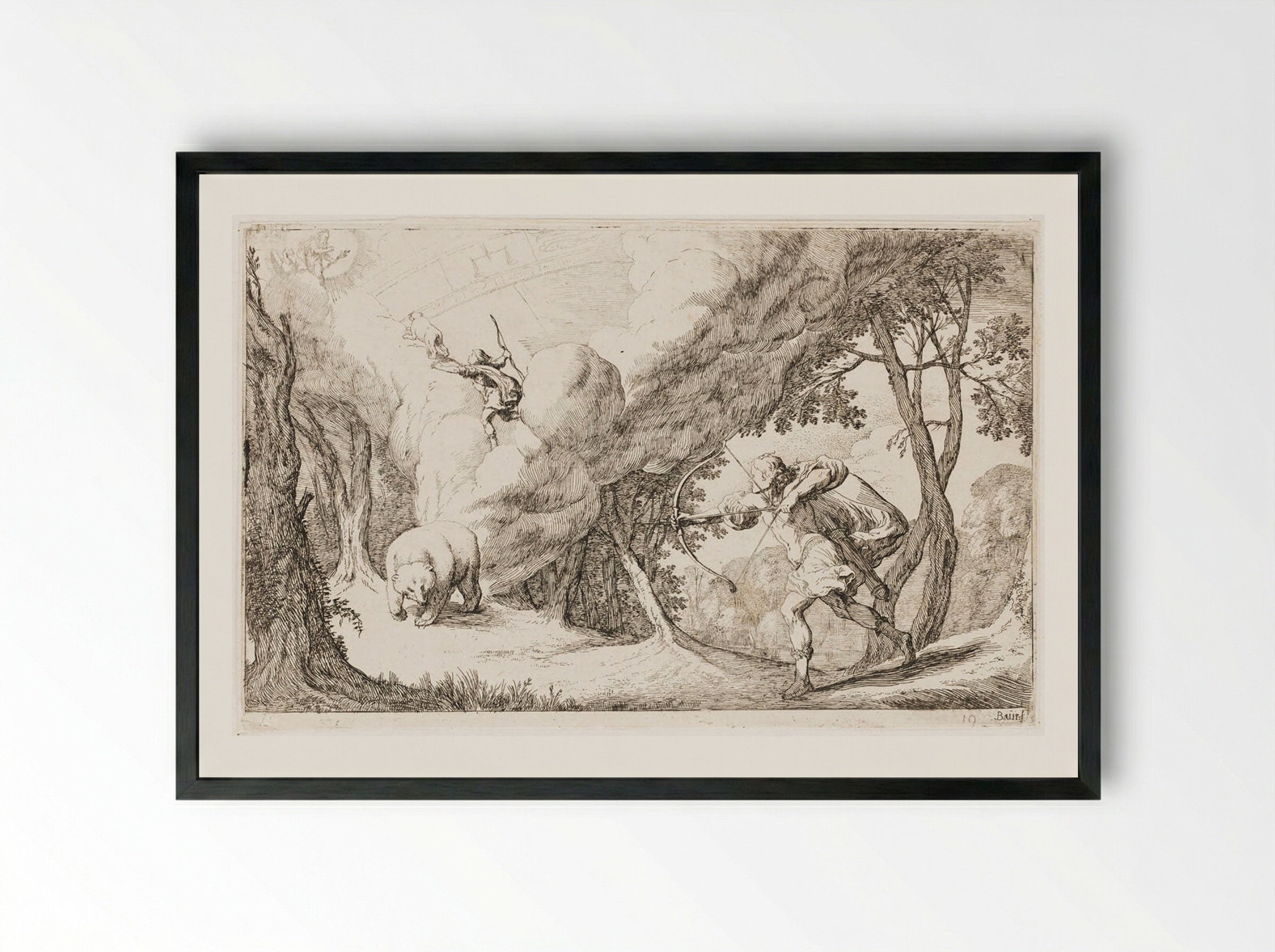 Callisto, Transformed into a Bear, Is Hunted by Her Son Arcas and Becomes a Constellation - Johann Wilhelm Baur - Framed Print Black