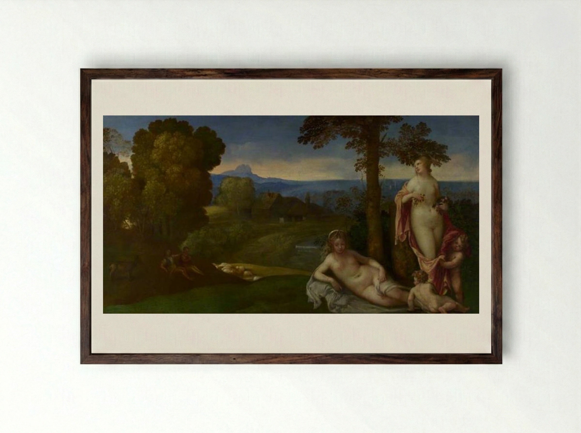 Nymphs and Children in a Landscape with Shepherds - Giorgione - Framed Print Dark Wood