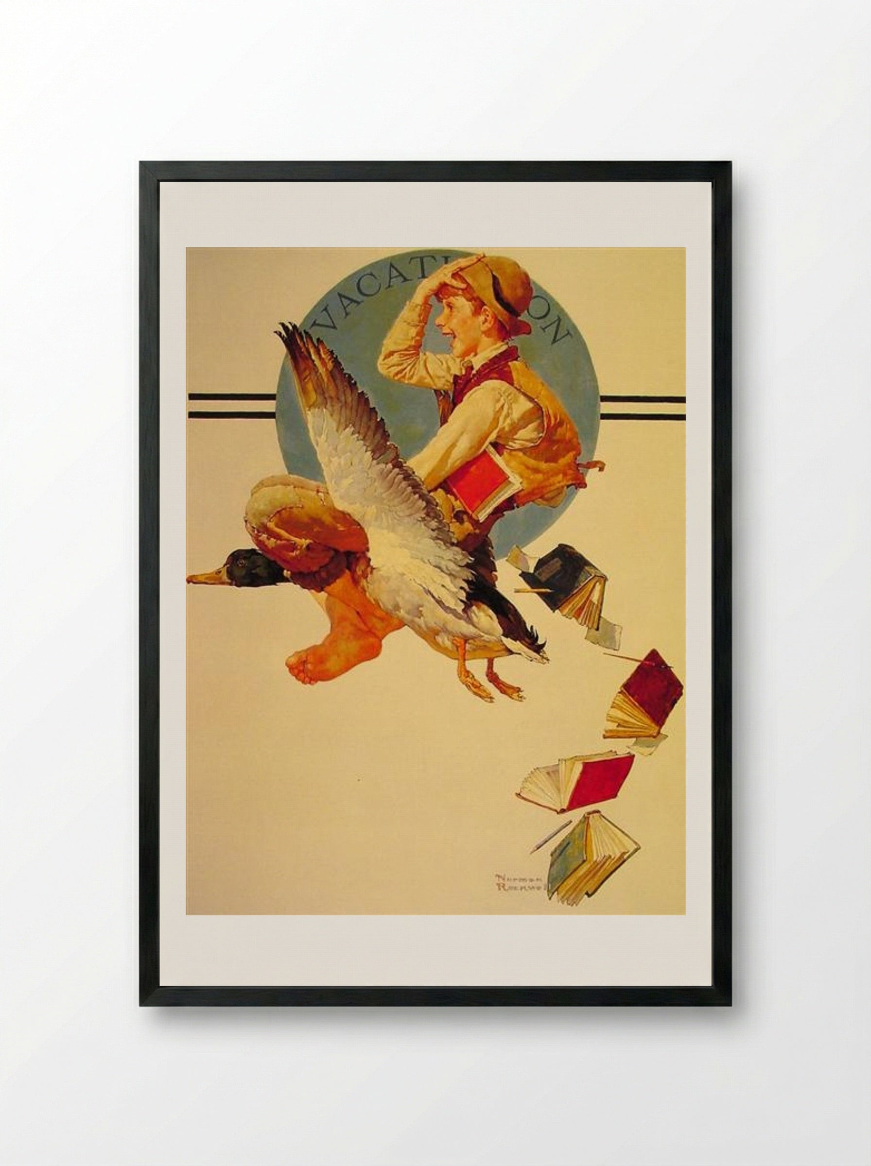 Vacation (Boy Riding a Goose) - Norman Rockwell - Framed Print Black