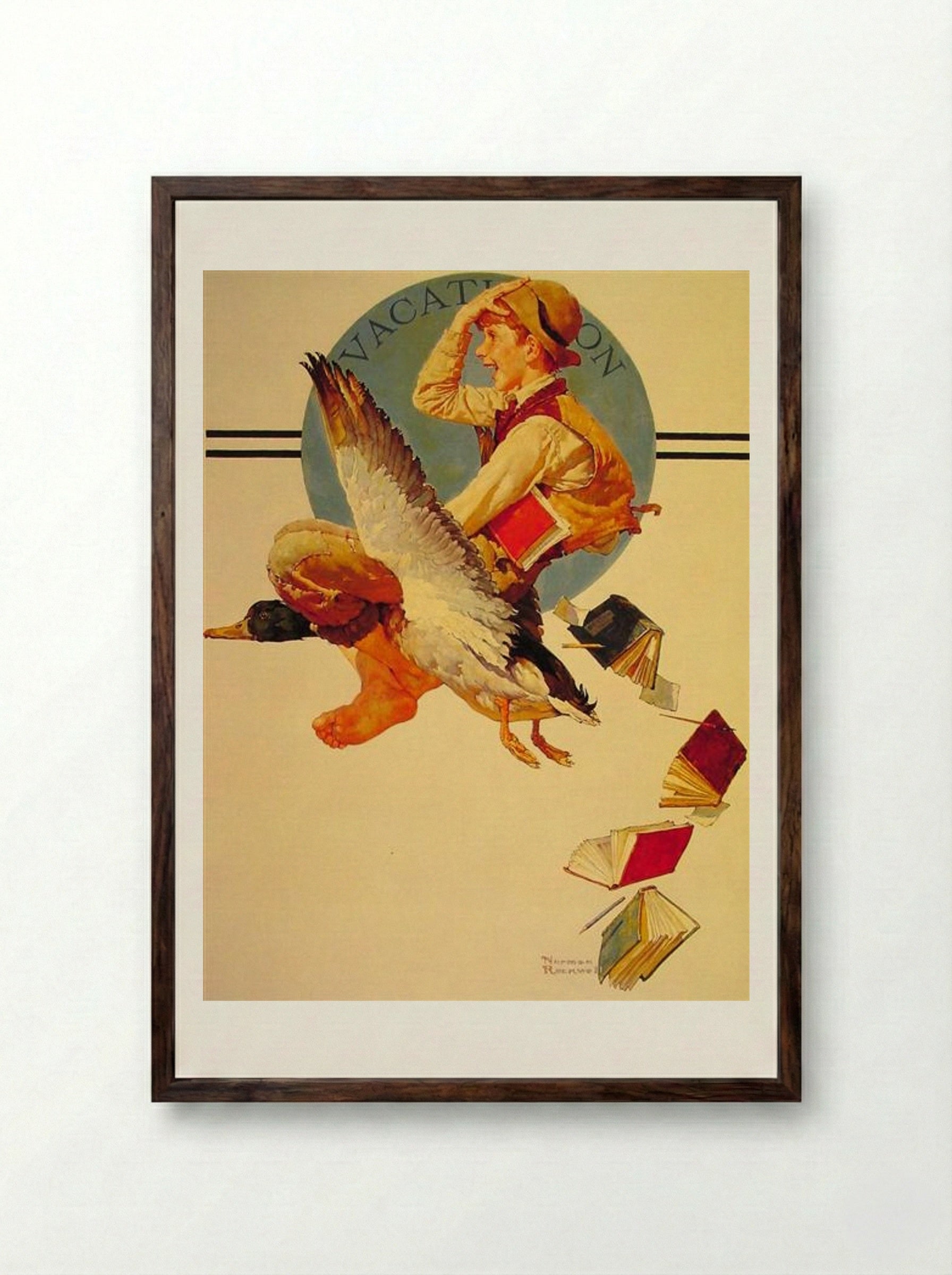Vacation (Boy Riding a Goose) - Norman Rockwell - Framed Print Dark Wood