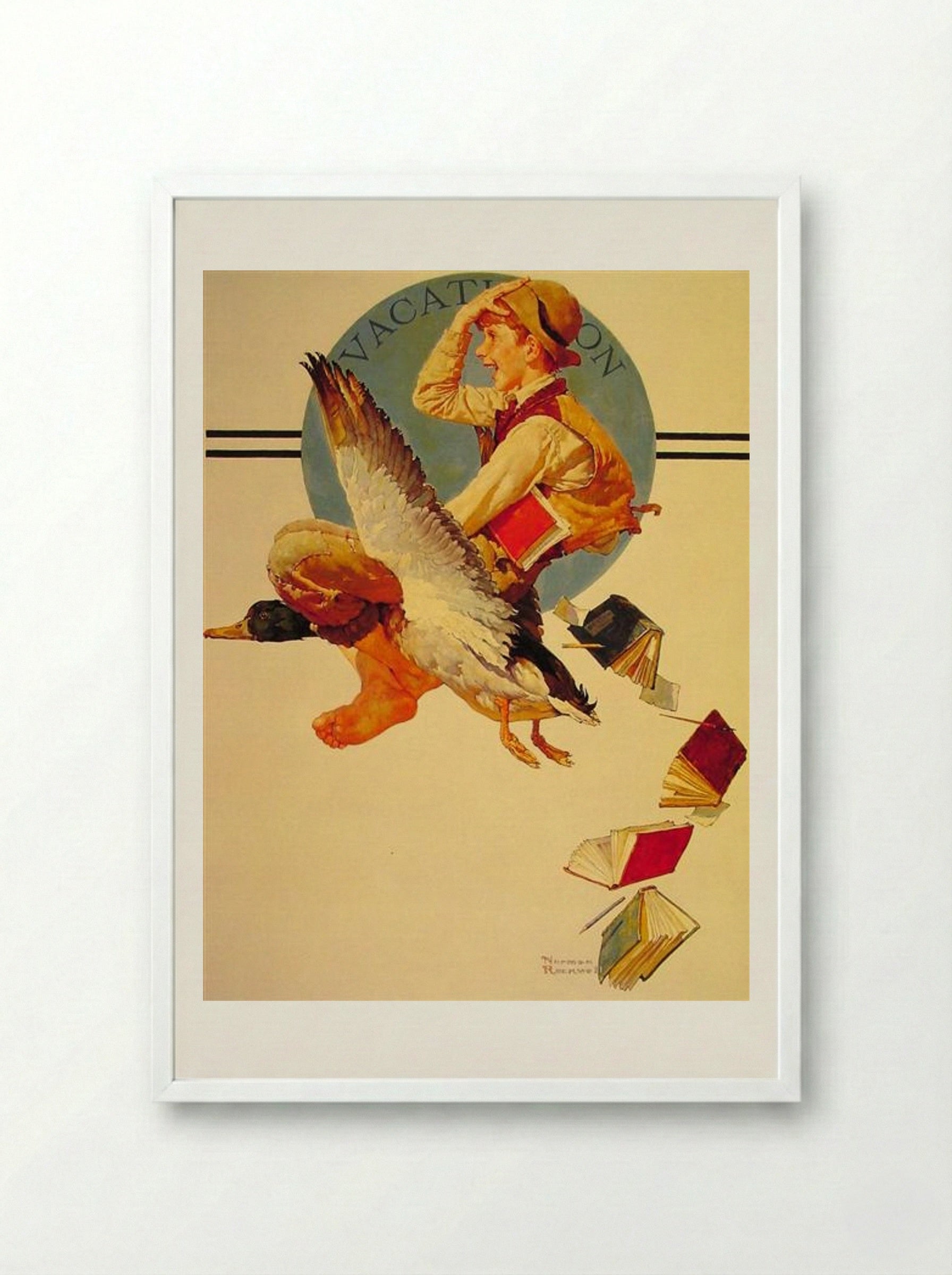 Vacation (Boy Riding a Goose) - Norman Rockwell - Framed Print White