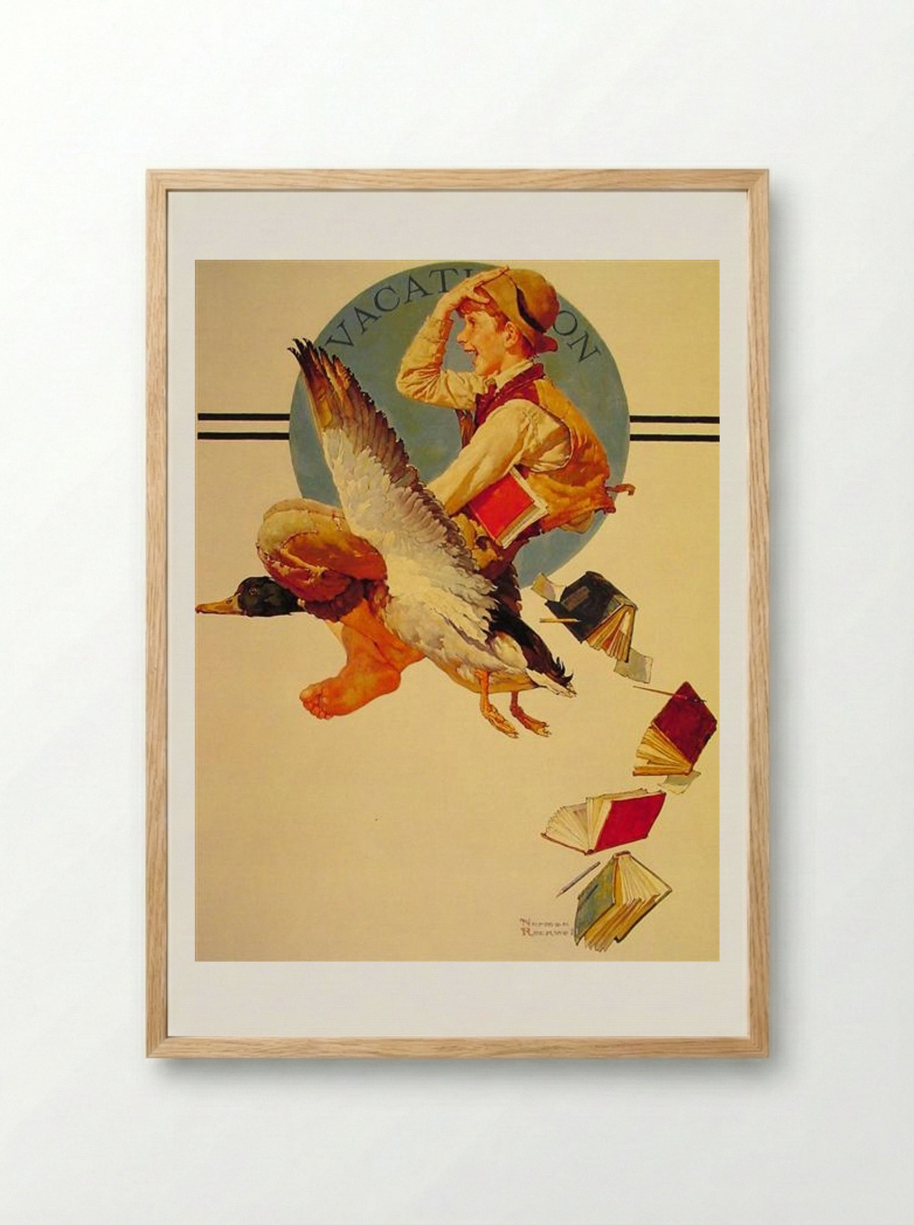 Vacation (Boy Riding a Goose) - Norman Rockwell - Framed Print Wood