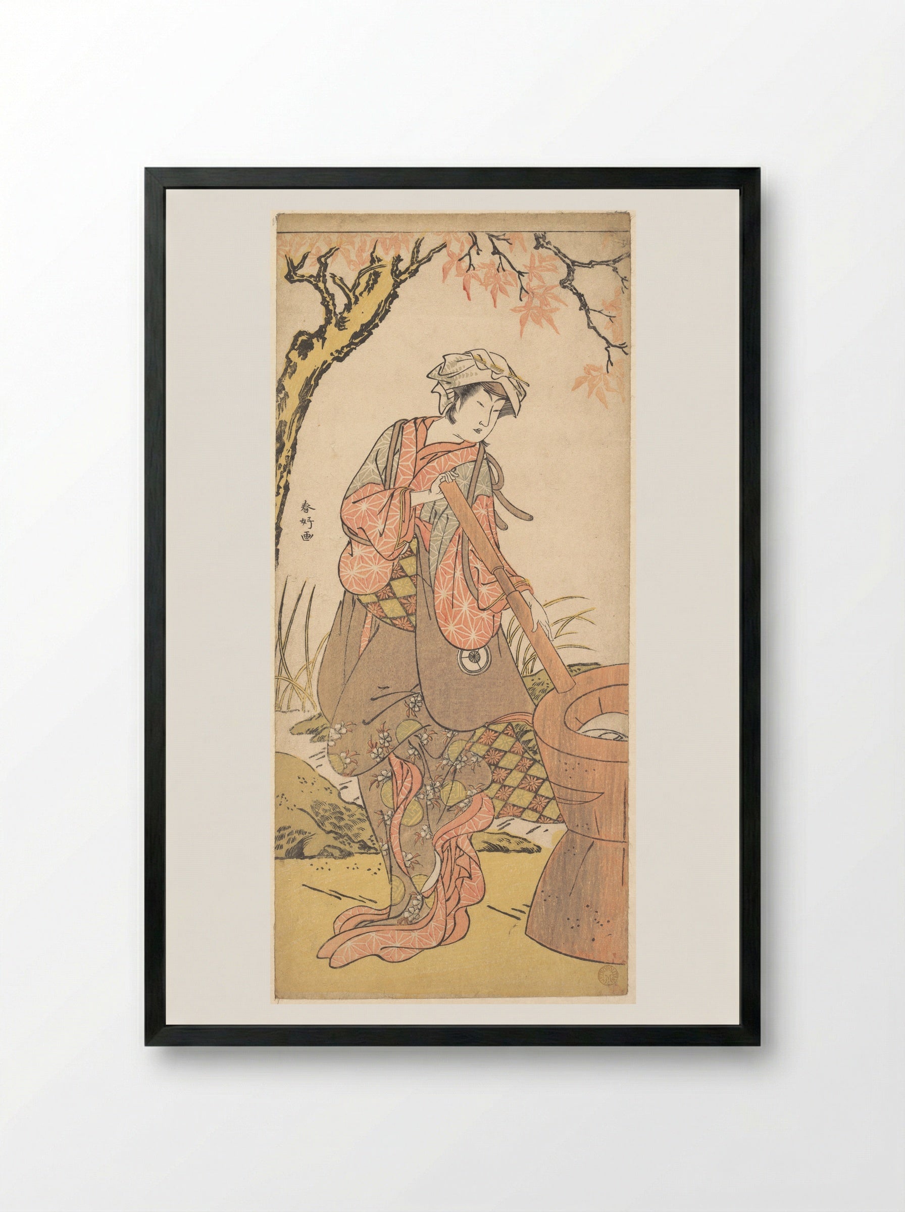 Iwai Kiyotaro in a Shosa Act, Holding a Kine (Pestle) - Katsukawa Shunkō - Framed Print Black