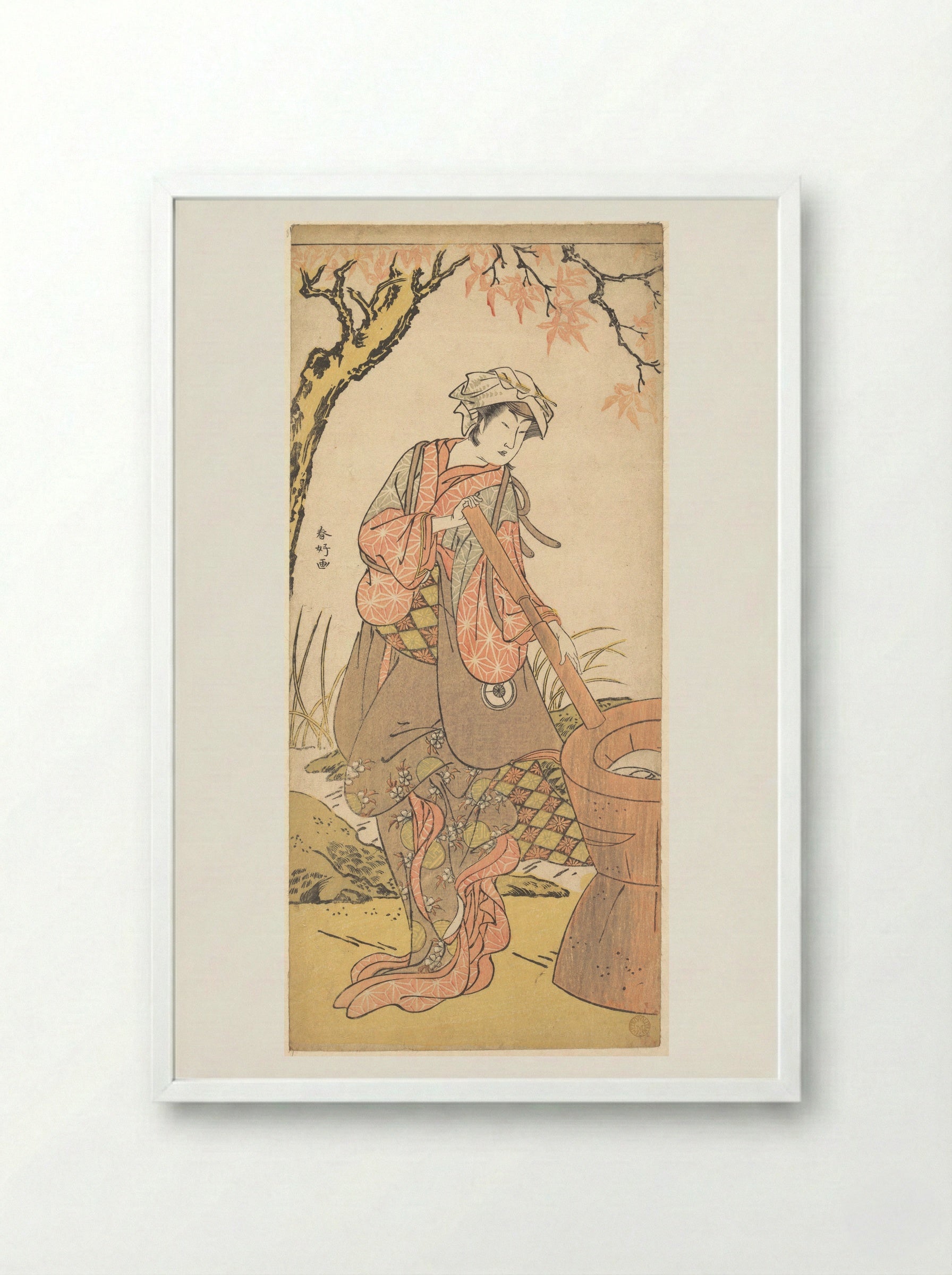 Iwai Kiyotaro in a Shosa Act, Holding a Kine (Pestle) - Katsukawa Shunkō - Framed Print White